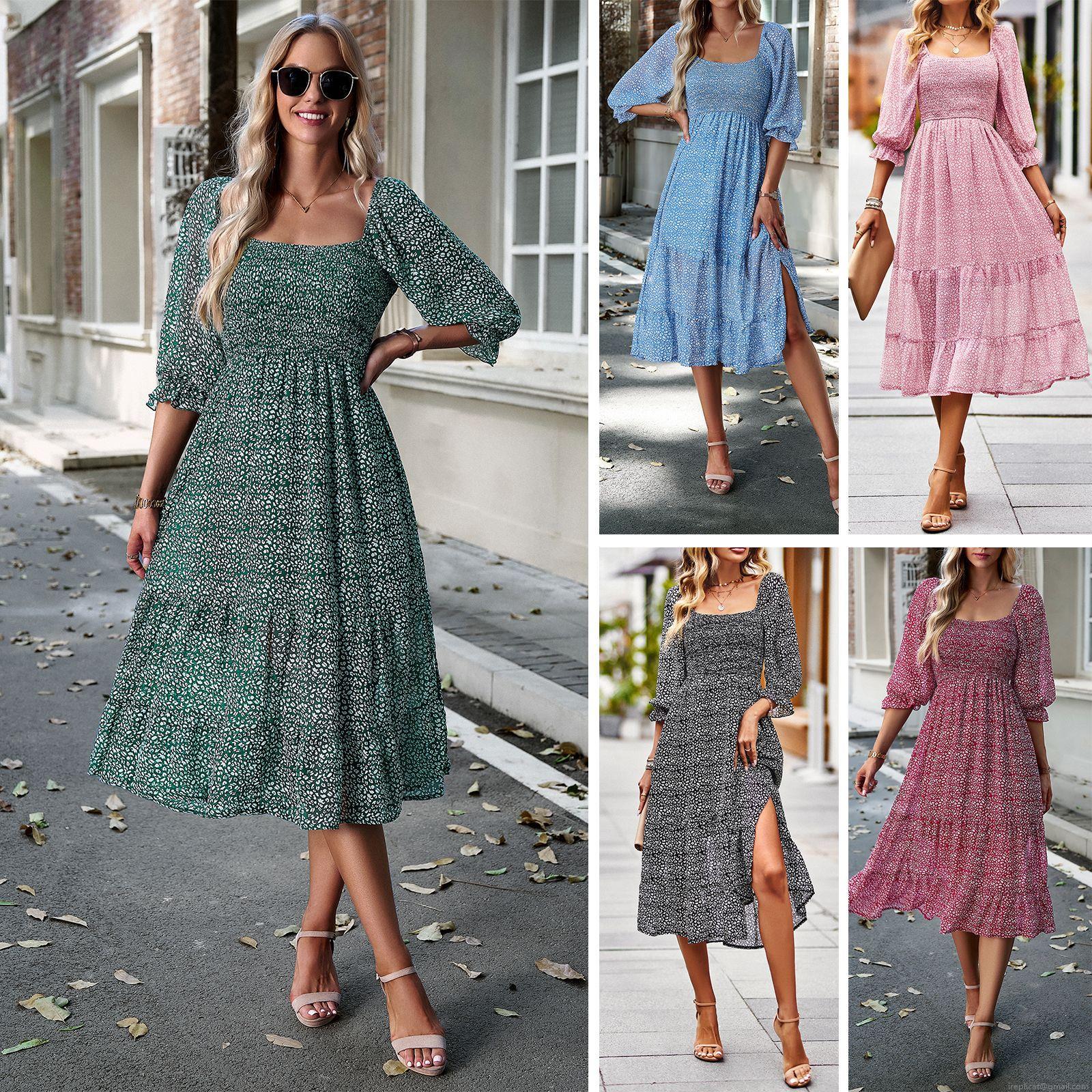 Women's Floral Leopard Print Square Neck Midi Dress Smocked Bodice 3/4 Puff Sleeve Tiered Ruffle Dress With Slit Elegant Polyester Viscose Vacation Party Long Dress Women's Floral Leopard Print Square Neck Midi Dress Smocked Bodice 3/4 Puff Sleeve Tiered Ruffle Dress With Slit Elegant Polyester Viscose Vacation Party Long Dress
