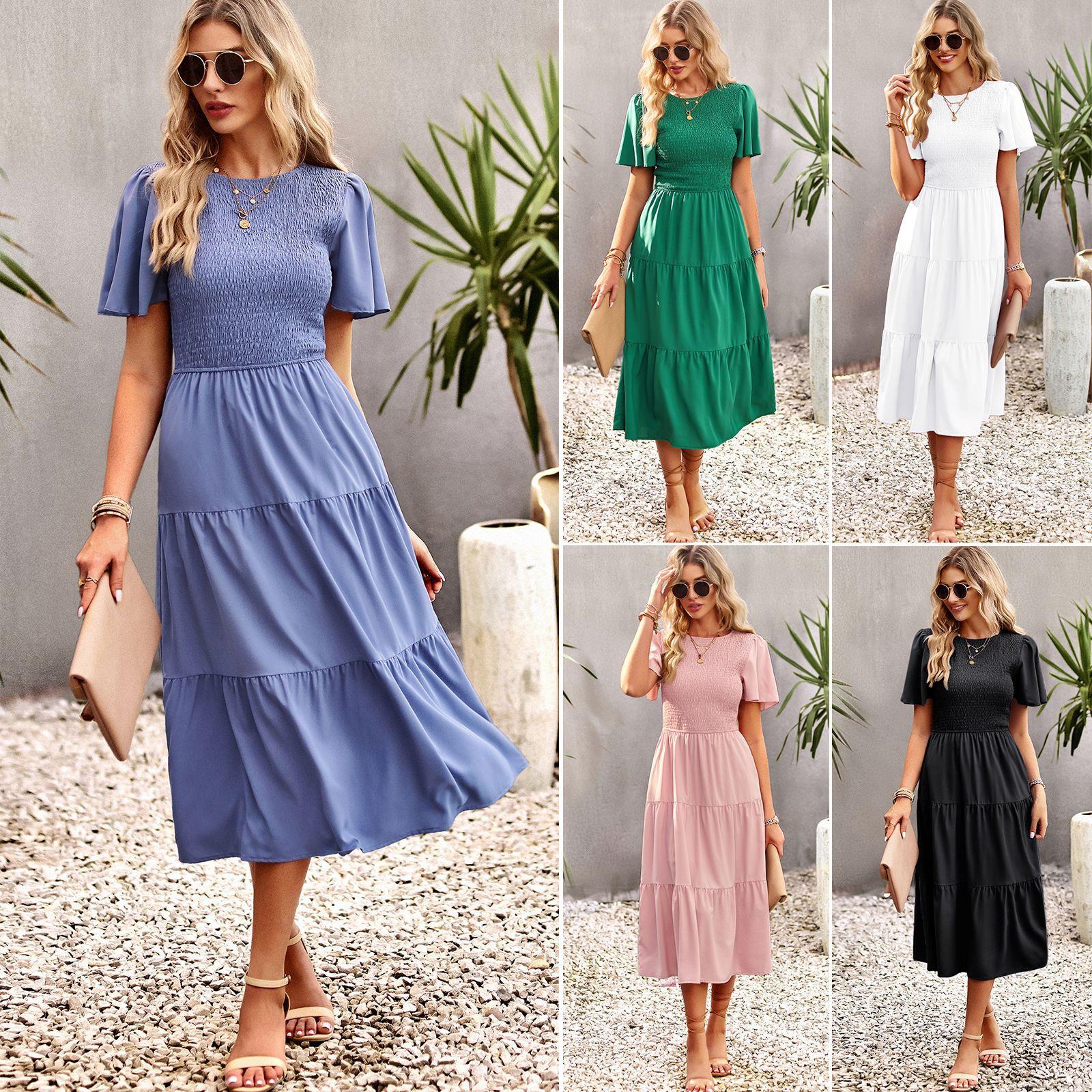 Women's Summer Smocked Tiered Midi Dress Viscose Polyester Blend Round Neck Ruffle Short Sleeve Casual High Waist Vacation A-Line Dresses for Ladies Women's Summer Smocked Tiered Midi Dress Viscose Polyester Blend Round Neck Ruffle Short Sleeve Casual High Waist Vacation A-Line Dresses for Ladies