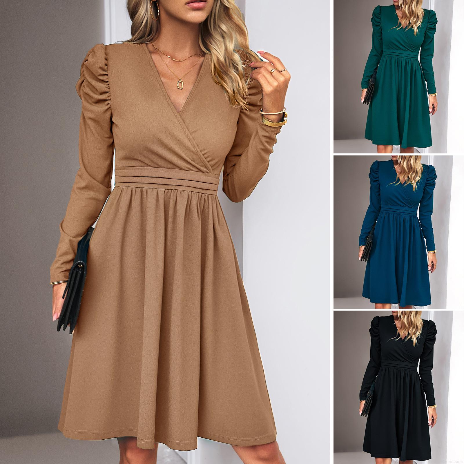 Women's Elegant V Neck Long Sleeve A-Line Midi Dress Solid Color Pleated Waist Puff Sleeve Polyester Spandex Knit Dress for Fall Winter Office Party Lady Women's Elegant V Neck Long Sleeve A-Line Midi Dress Solid Color Pleated Waist Puff Sleeve Polyester Spandex Knit Dress for Fall Winter Office Party Lady