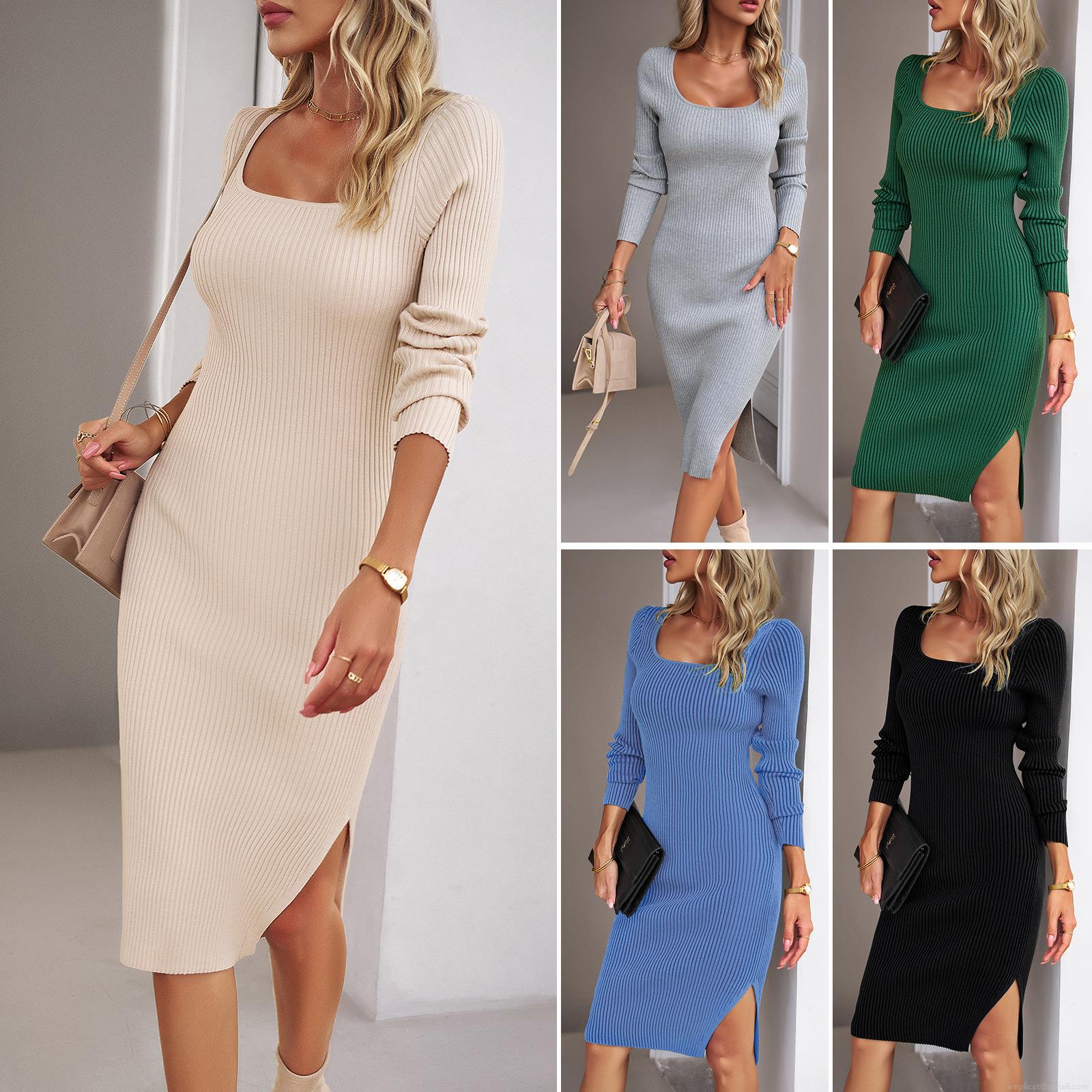Women's Elegant Square Neck Knitted Midi Dress Long Sleeve Solid Color Ribbed Bodycon Sweater Dress With Side Slit For Autumn Winter Office Lady Women's Elegant Square Neck Knitted Midi Dress Long Sleeve Solid Color Ribbed Bodycon Sweater Dress With Side Slit For Autumn Winter Office Lady