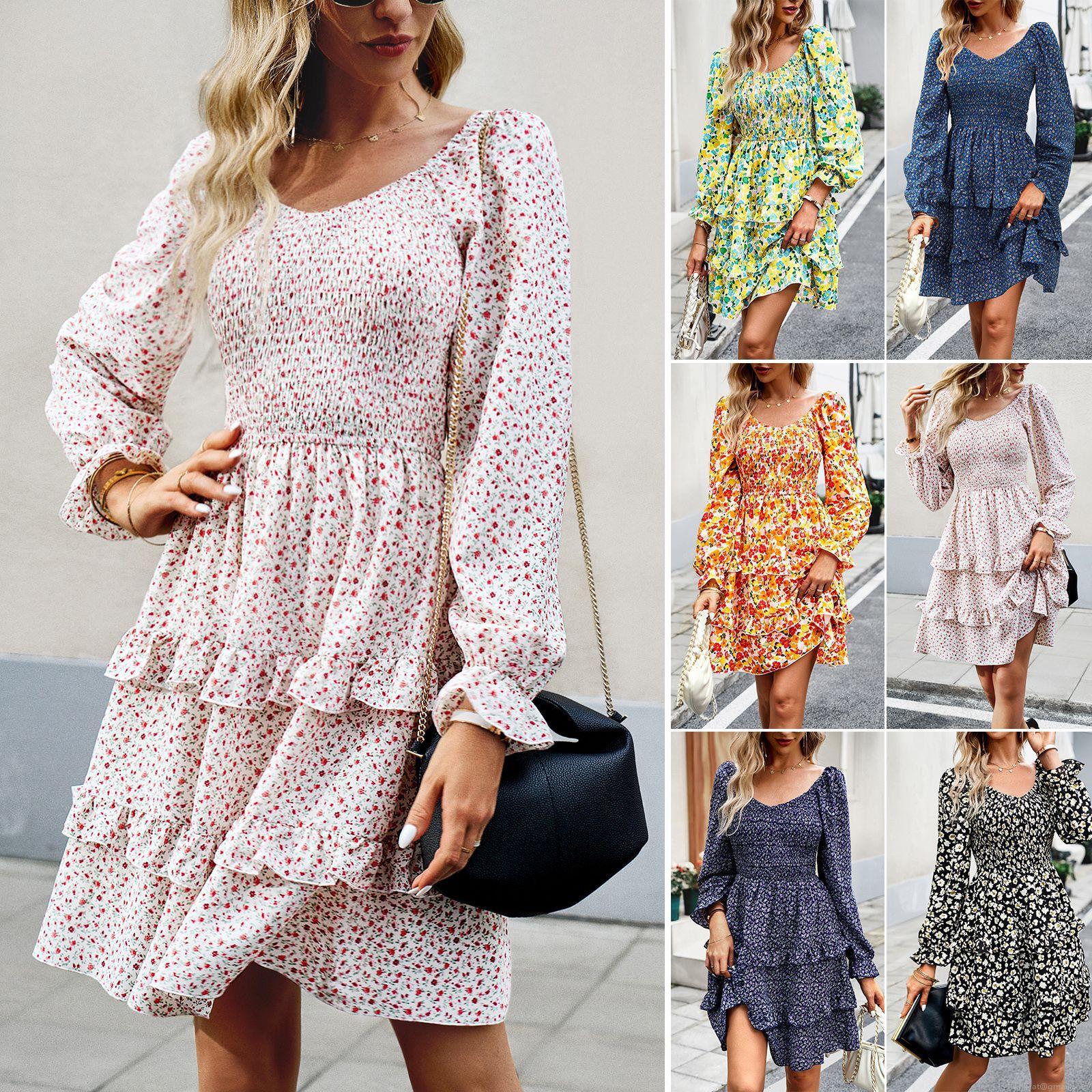 Women's Floral Print Long Lantern Sleeve Dress V-Neck Smocked Waist Tiered Ruffle Midi Dress Elegant Boho Vacation Casual Outfits Women's Floral Print Long Lantern Sleeve Dress V-Neck Smocked Waist Tiered Ruffle Midi Dress Elegant Boho Vacation Casual Outfits