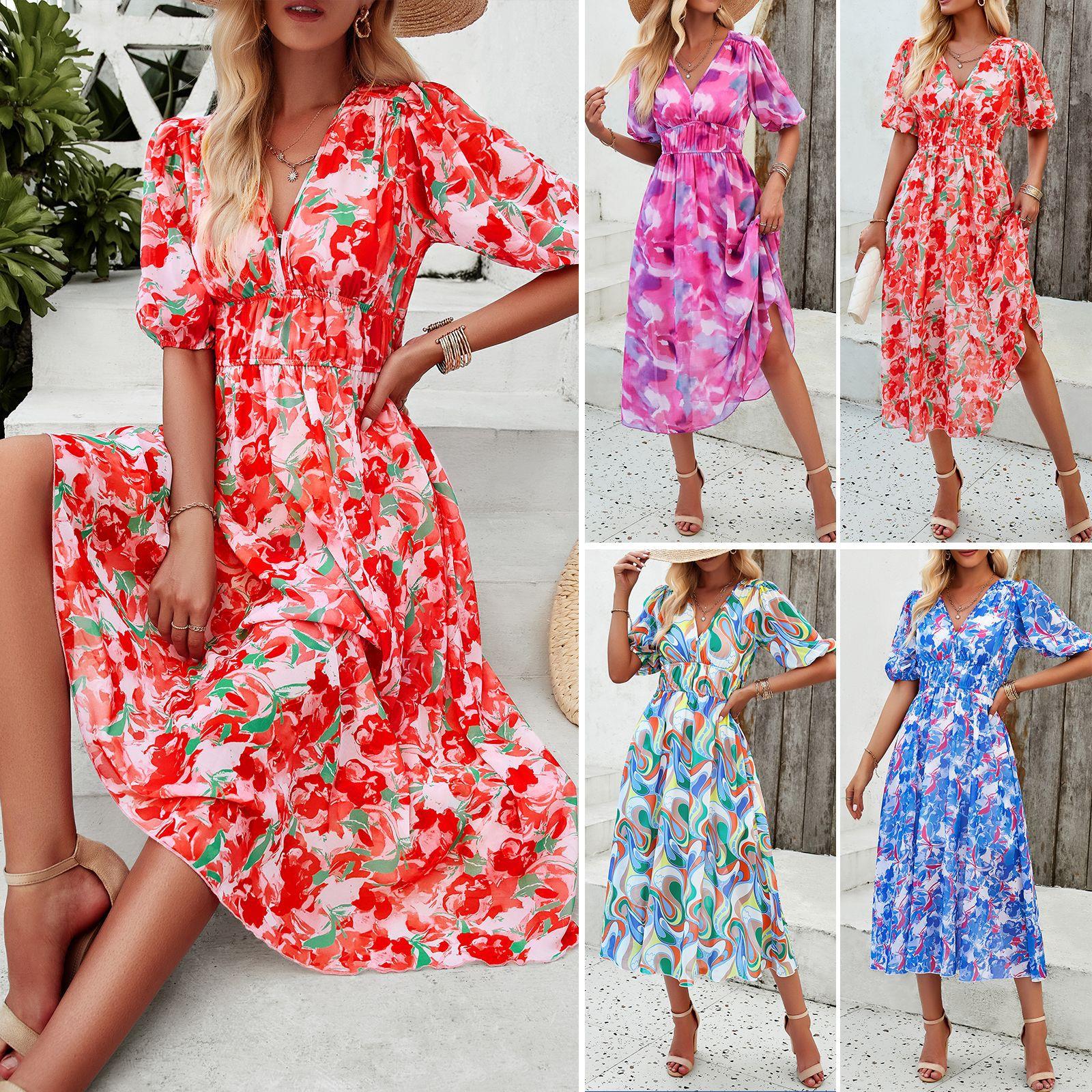 Women's Summer V Neck Floral Print Chiffon Maxi Dress Short Lantern Sleeve High Waist A-Line Resort Dress For Vacation Casual Party Women's Summer V Neck Floral Print Chiffon Maxi Dress Short Lantern Sleeve High Waist A-Line Resort Dress For Vacation Casual Party