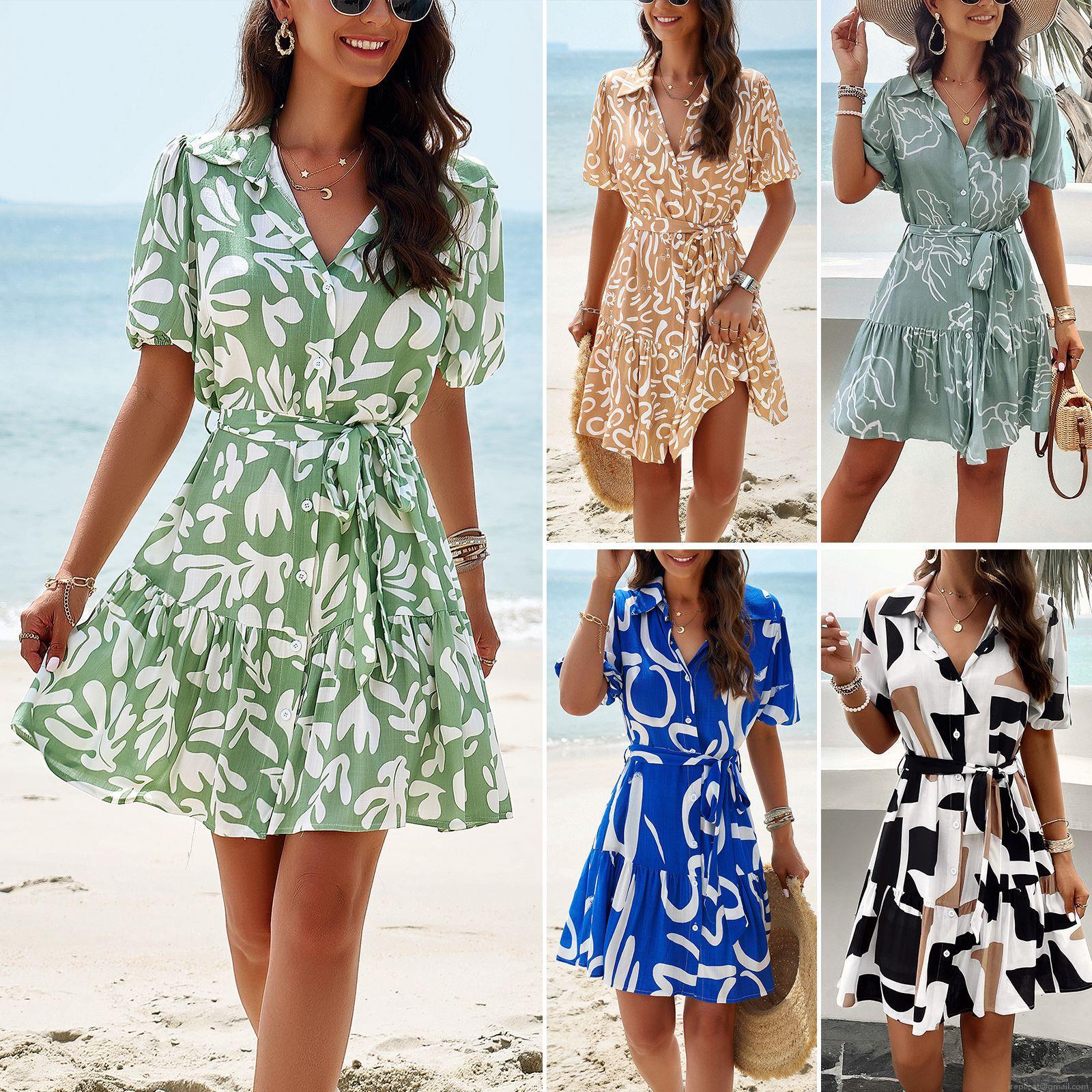 Women's Summer Viscose Geometric Print Midi Dress Short Sleeve V Neck Button Down Tie Waist Ruffle Hem Dresses For Beach Vacation Party Elegant Casual Ladies Clothing Women's Summer Viscose Geometric Print Midi Dress Short Sleeve V Neck Button Down Tie Waist Ruffle Hem Dresses For Beach Vacation Party Elegant Casual Ladies Clothing