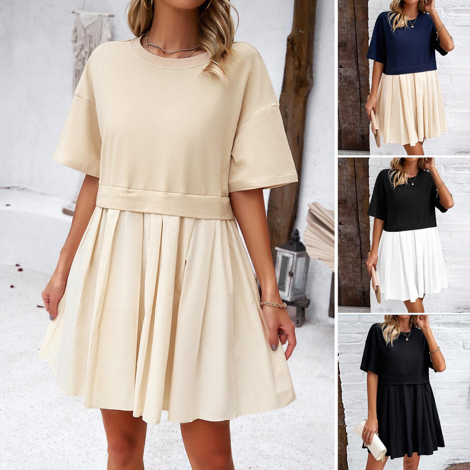 Women's Short Sleeve Pleated Dress Two-Tone Patchwork Round Neck Midi T-Shirt Dress For Summer Casual Party Elegant Ladies Fashion Women's Short Sleeve Pleated Dress Two-Tone Patchwork Round Neck Midi T-Shirt Dress For Summer Casual Party Elegant Ladies Fashion