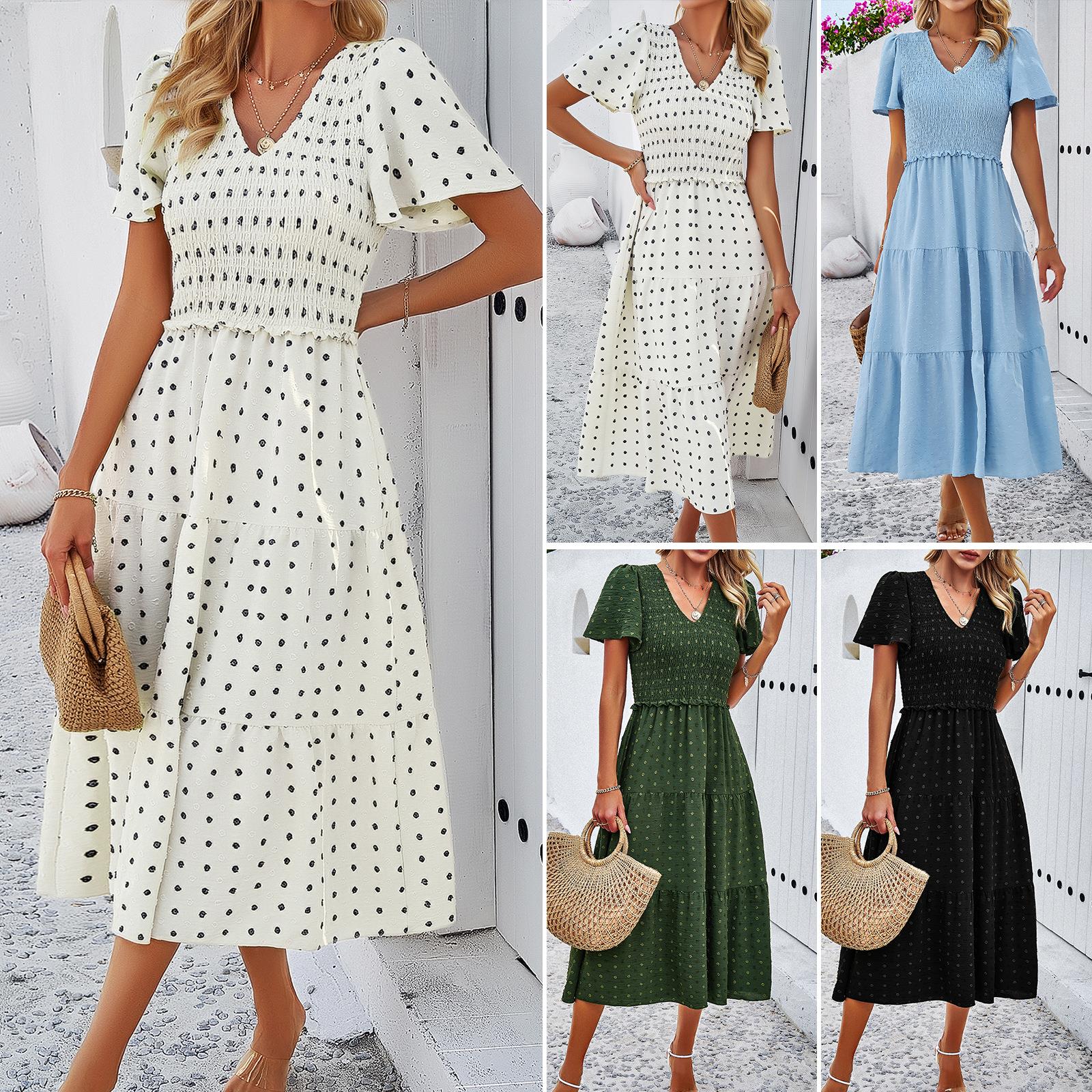 Women's Casual V-Neck Polka Dot Smocked Tiered Midi Dress Summer Short Sleeve High Waist Bohemian A-Line Vacation Sun Dress Women's Casual V-Neck Polka Dot Smocked Tiered Midi Dress Summer Short Sleeve High Waist Bohemian A-Line Vacation Sun Dress