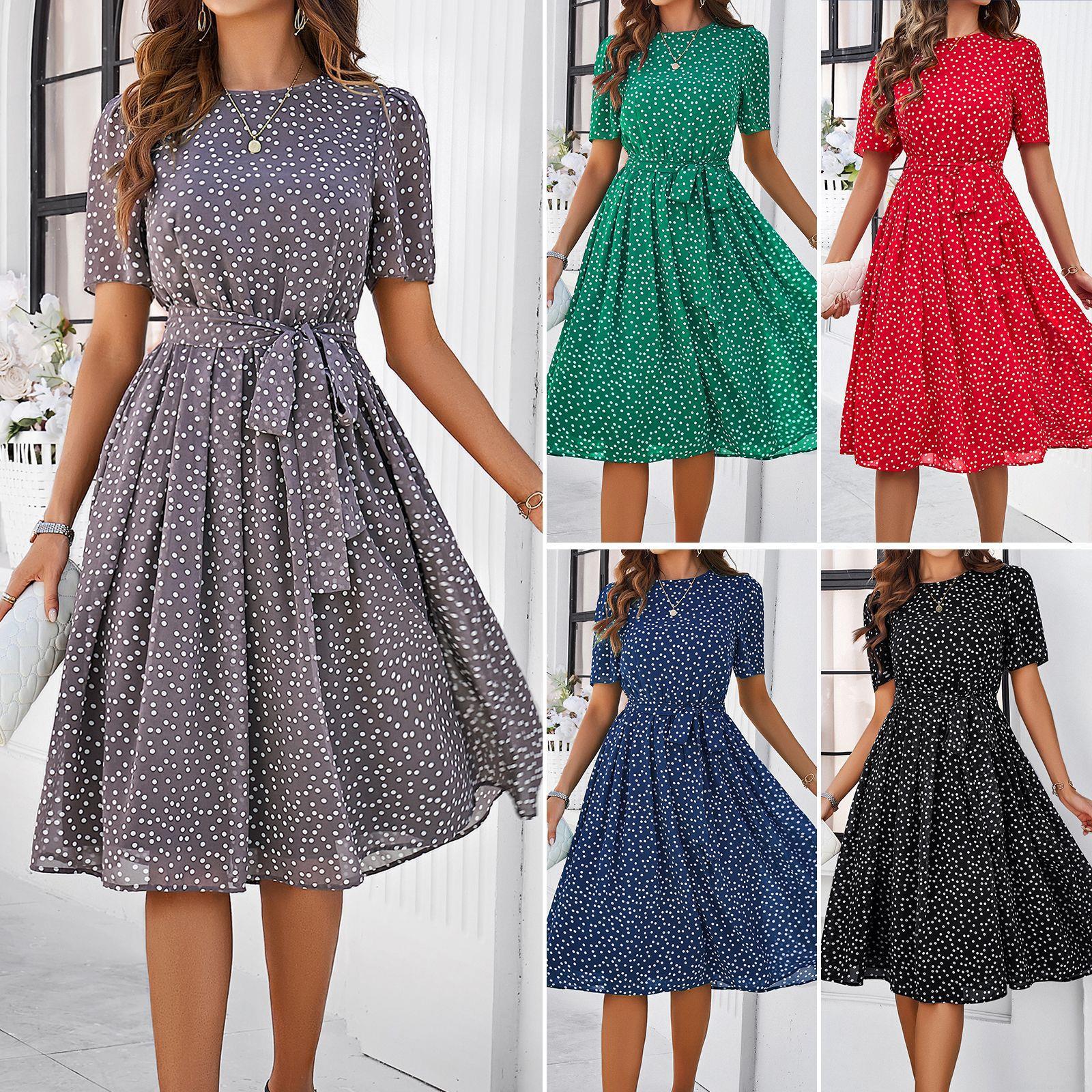 Women's Elegant Polka Dot Print Midi Dress Casual Short Sleeve A-Line Sun Dress With Tie Waist Belt 100% Polyester Summer Vacation Party Outfits Women's Elegant Polka Dot Print Midi Dress Casual Short Sleeve A-Line Sun Dress With Tie Waist Belt 100% Polyester Summer Vacation Party Outfits