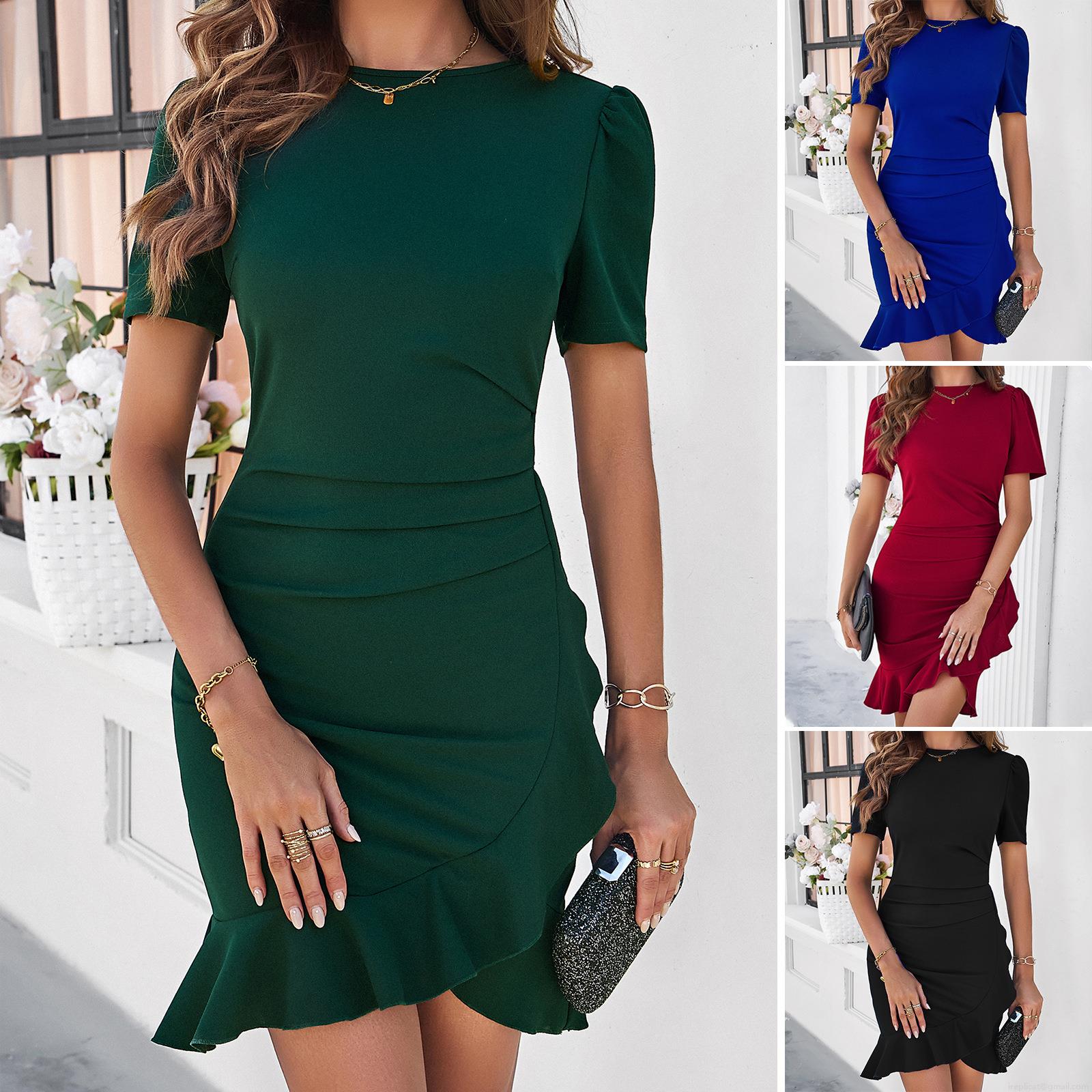 Women Elegant Solid Color Bodycon Short Sleeve Dress With Ruffle Fishtail Hem Ruched Waist Polyester Spandex Slim Fit Midi Dress For Party Cocktail Evening Office Lady Women Elegant Solid Color Bodycon Short Sleeve Dress With Ruffle Fishtail Hem Ruched Waist Polyester Spandex Slim Fit Midi Dress For Party Cocktail Evening Office Lady