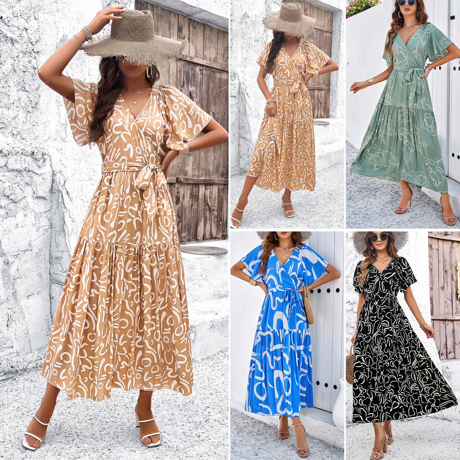 Women's 100% Viscose V-Neck Abstract Print Maxi Dress Short Ruffle Sleeve Bohemian Holiday Beach Wrap A-Line Dress With Tie Waist For Women Women's 100% Viscose V-Neck Abstract Print Maxi Dress Short Ruffle Sleeve Bohemian Holiday Beach Wrap A-Line Dress With Tie Waist For Women
