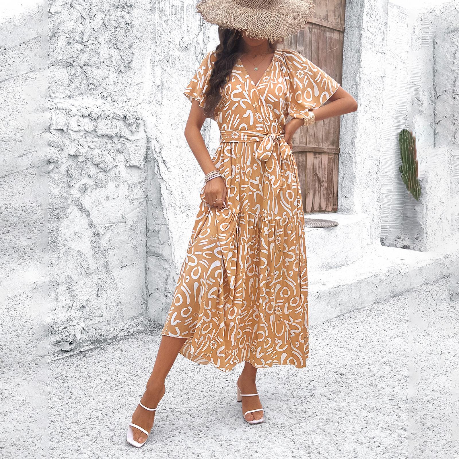 Women\'s 100% Viscose V-Neck Abstract Print Maxi Dress Short Ruffle Sleeve Bohemian Holiday Beach Wrap A-Line Dress With Tie Waist For Women