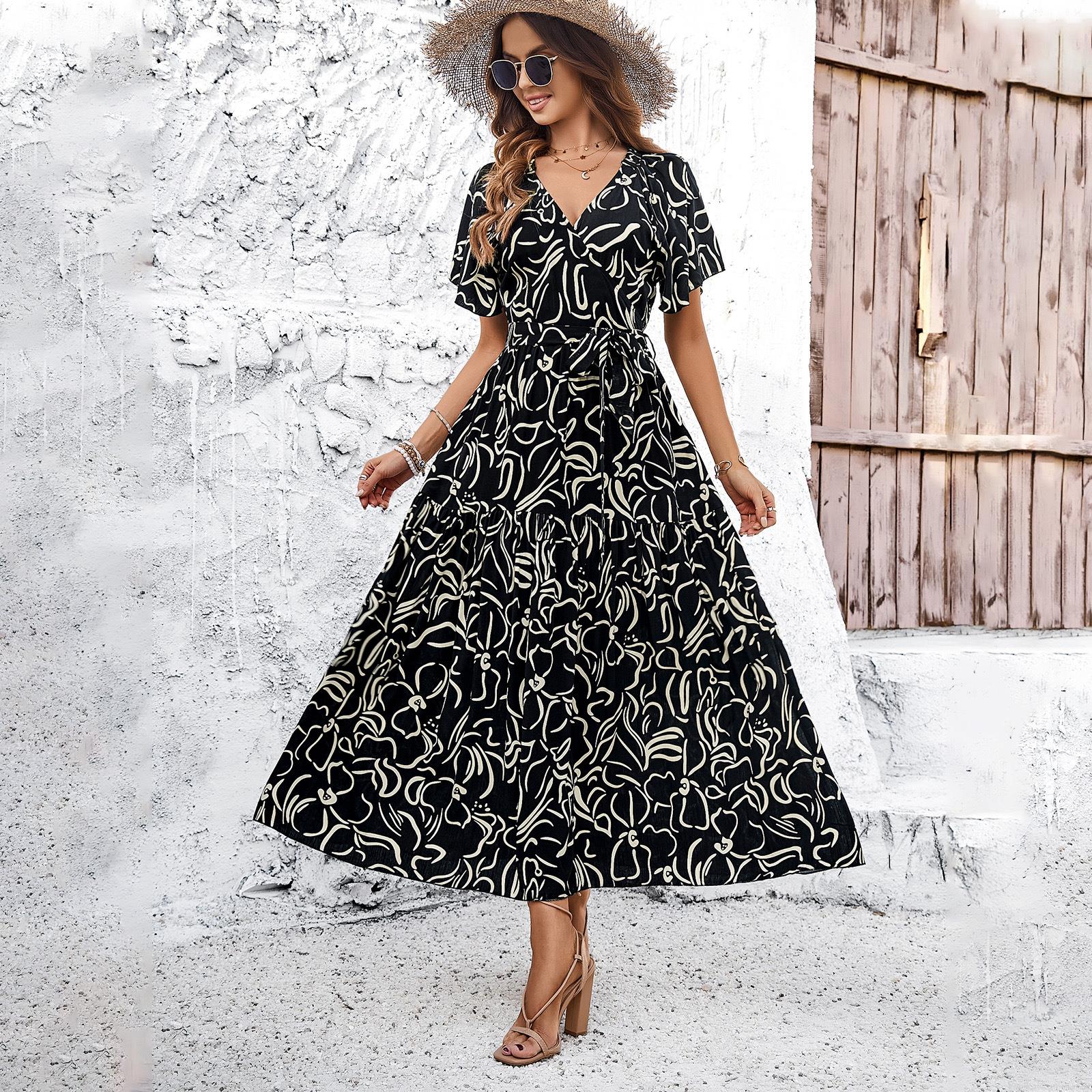 Women\'s 100% Viscose V-Neck Abstract Print Maxi Dress Short Ruffle Sleeve Bohemian Holiday Beach Wrap A-Line Dress With Tie Waist For Women