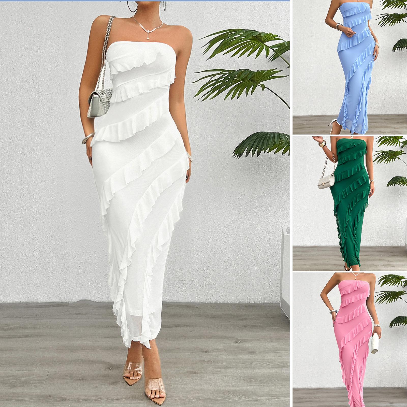 Women's Elegant Off-Shoulder Ruffle Bodycon Dress Sexy Solid Color Slim Fit Midi Maxi Dress For Summer Party Commute Evening Event Women's Elegant Off-Shoulder Ruffle Bodycon Dress Sexy Solid Color Slim Fit Midi Maxi Dress For Summer Party Commute Evening Event