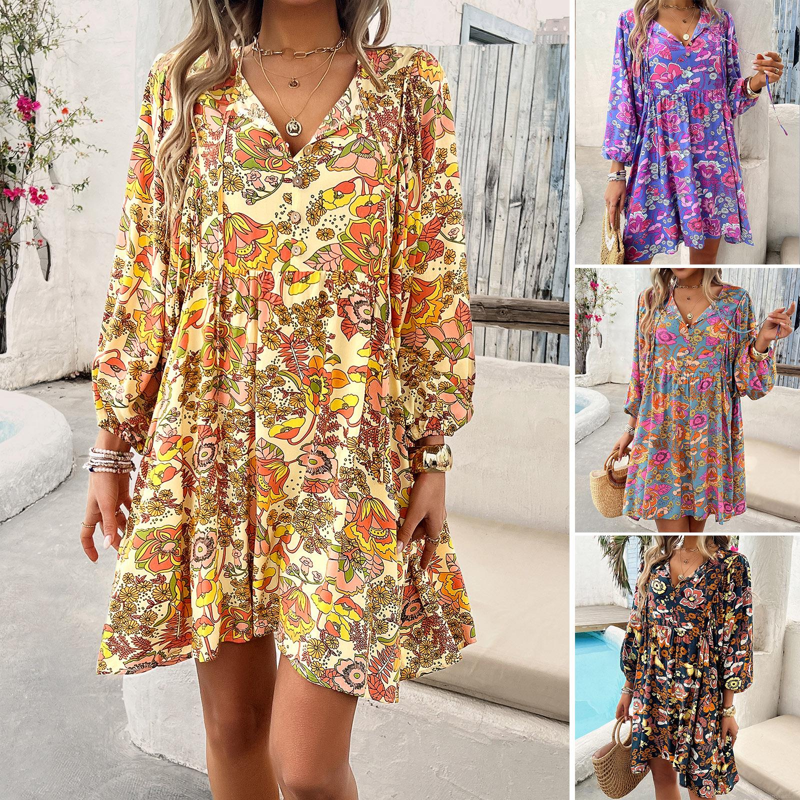 Women's Bohemian Floral Printed Midi Dress 100% Viscose Rayon V Neck Button Down Long Lantern Sleeve A-Line Loose Fit Dress for Summer Holiday Beach Vacation Women's Bohemian Floral Printed Midi Dress 100% Viscose Rayon V Neck Button Down Long Lantern Sleeve A-Line Loose Fit Dress for Summer Holiday Beach Vacation
