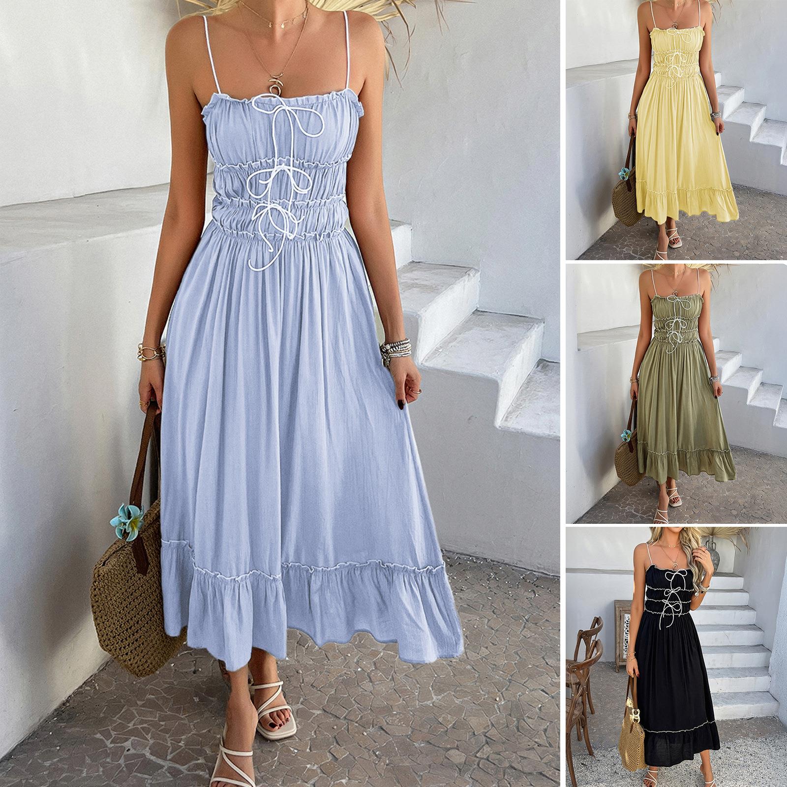 Women's Casual Vacation Ruffle Hem Cami Dress 75% Viscose 25% Polyamide Blend High Waist Drawstring A-Line Midi Dress For Beach Party