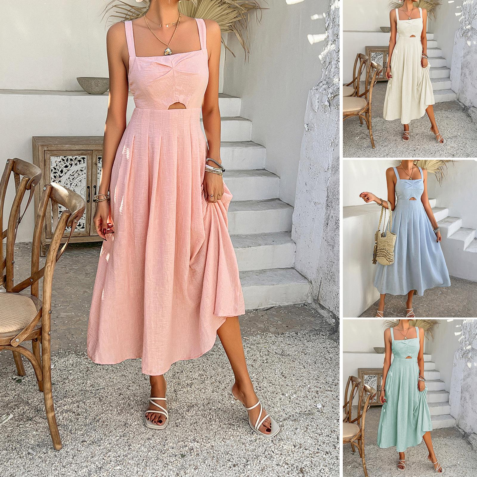 Women Elegant Camisole Midi Dress Hollow Out High Waist Polyester Resort Holiday Sweet Sleeveless Square Neck Backless A-Line Dress for Women Women Elegant Camisole Midi Dress Hollow Out High Waist Polyester Resort Holiday Sweet Sleeveless Square Neck Backless A-Line Dress for Women