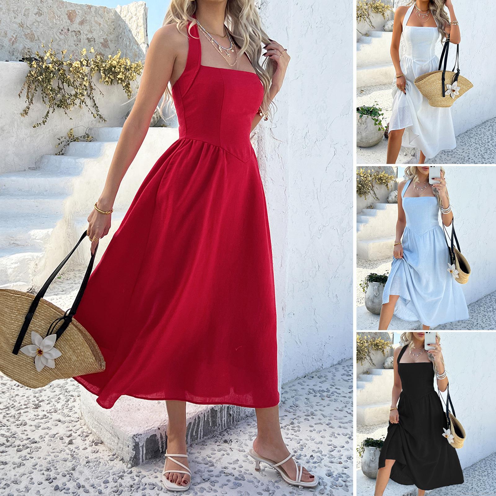 Women's Halter Neck Backless Midi Dress High Waist A-Line Solid Color Polyester Spandex Casual Vacation Sleeveless Summer Beach Sundress For Women Women's Halter Neck Backless Midi Dress High Waist A-Line Solid Color Polyester Spandex Casual Vacation Sleeveless Summer Beach Sundress For Women