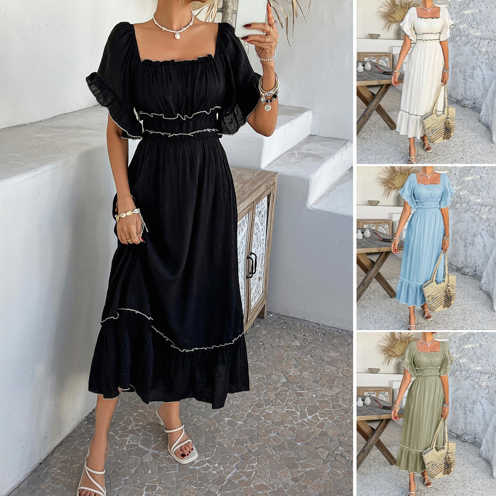 Women's Bohemian Off-Shoulder Midi Dress Viscose Polyamide Contrast Trim Ruffle Sleeve Square Neck A-Line Summer Vacation Beach Dress Women's Bohemian Off-Shoulder Midi Dress Viscose Polyamide Contrast Trim Ruffle Sleeve Square Neck A-Line Summer Vacation Beach Dress