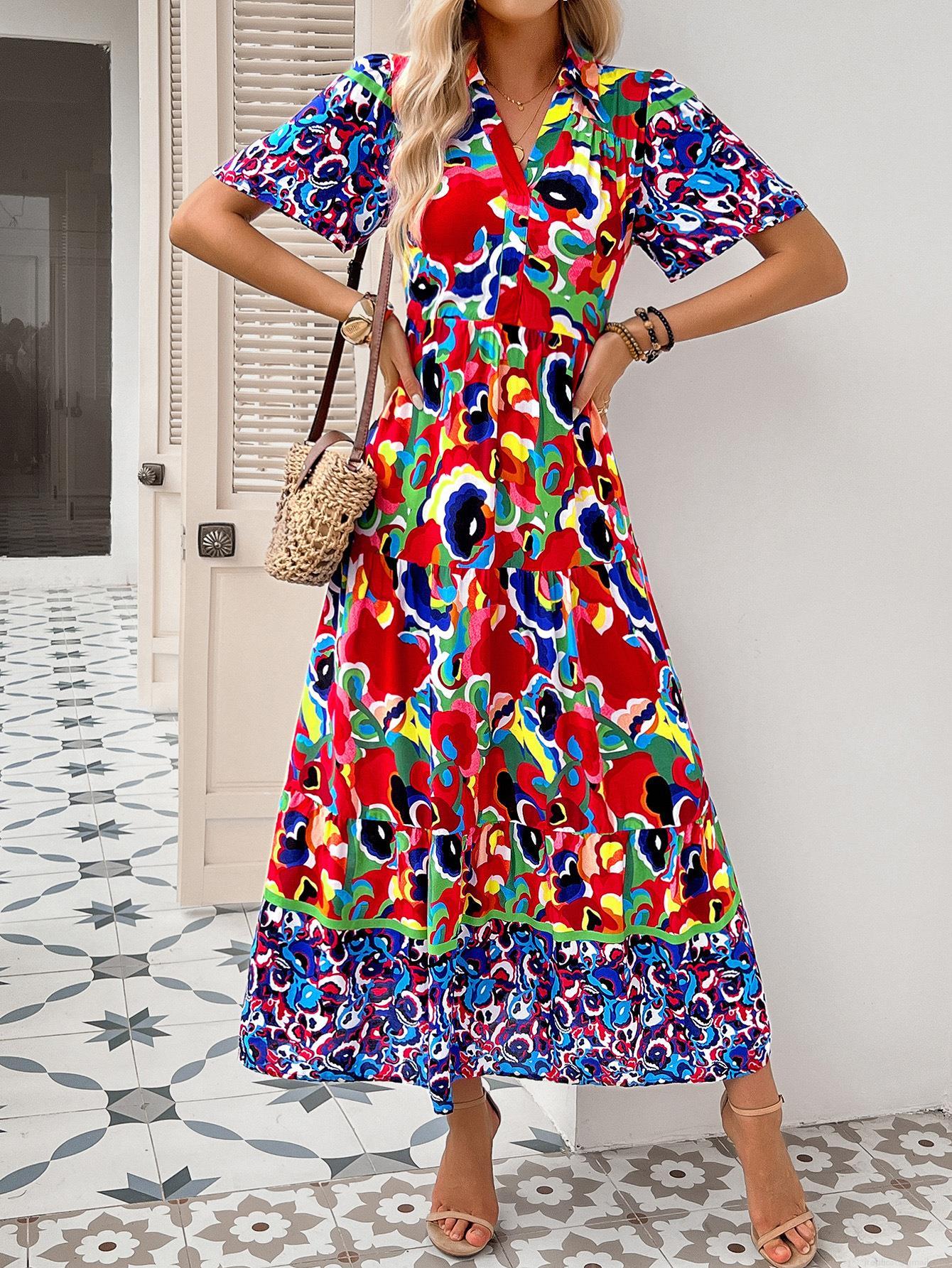 Women's V-Neck Short Sleeve Viscose Midi Dress Casual Abstract Print Tiered Skirt Beach Vacation A-Line Dresses For Summer Party