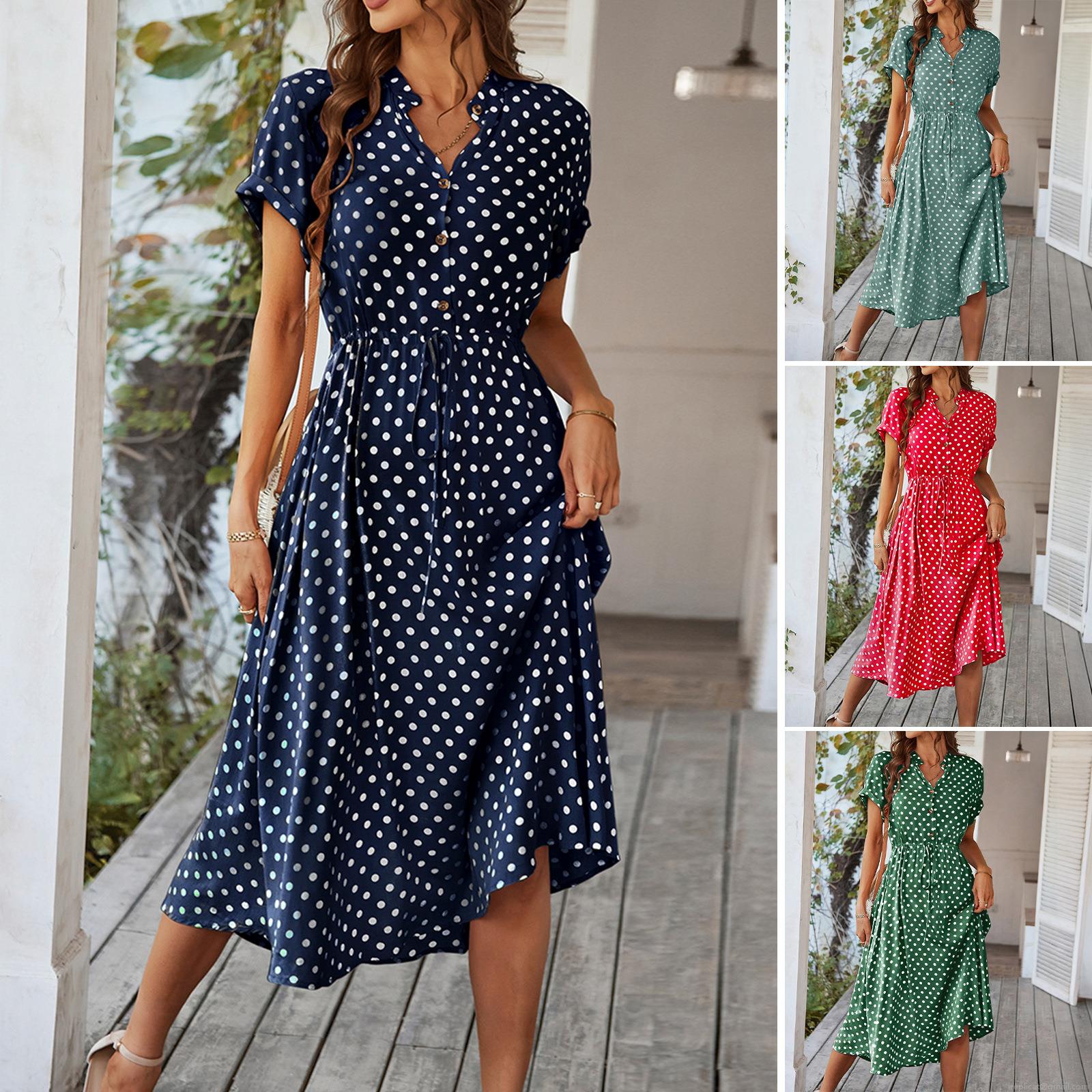 Women's Summer Polka Dot V-Neck Midi Dress 100% Viscose Short Sleeve High Waist Tie Up Vacation A-Line Button Down Casual Boho Sundress Women's Summer Polka Dot V-Neck Midi Dress 100% Viscose Short Sleeve High Waist Tie Up Vacation A-Line Button Down Casual Boho Sundress