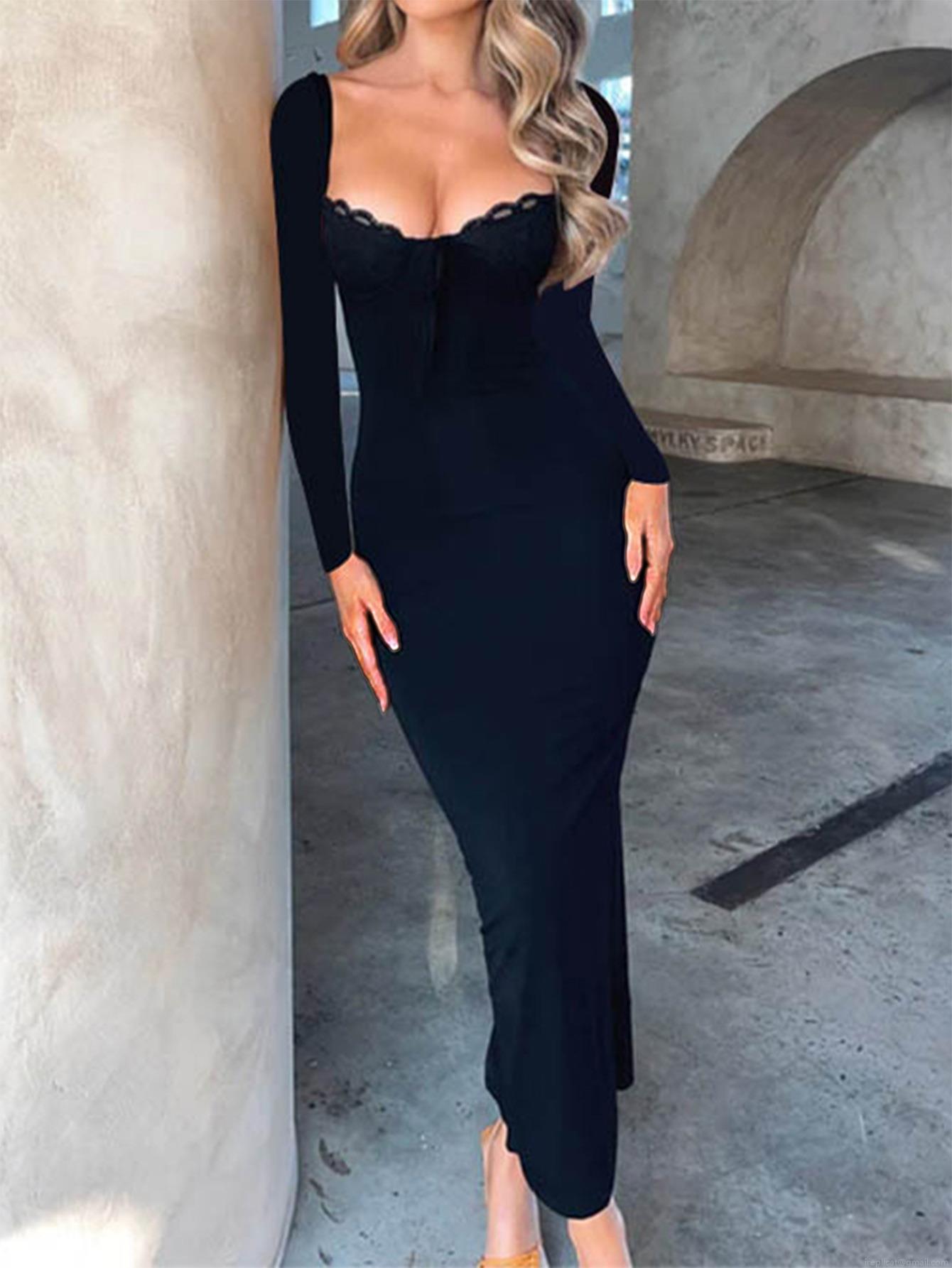 Elegant Lace Trim Square Neck Long Sleeve Bodycon Dress Polyester Elastane Patchwork Lace-up Slim Fit Midi Dress for Women Party Clubwear Evening