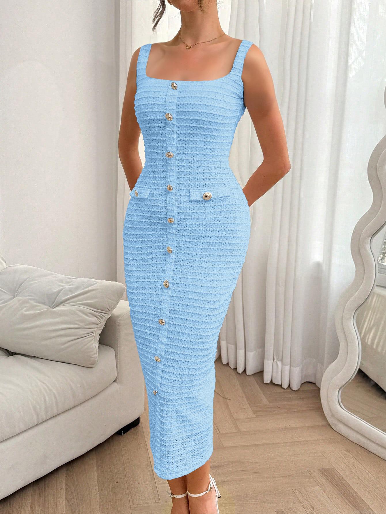 Women's Elegant Sleeveless Bodycon Midi Dress Textured Knit Square Neck Gold Button Decoration Slim Fit Long Pencil Dress For Party Office Daily Women's Elegant Sleeveless Bodycon Midi Dress Textured Knit Square Neck Gold Button Decoration Slim Fit Long Pencil Dress For Party Office Daily
