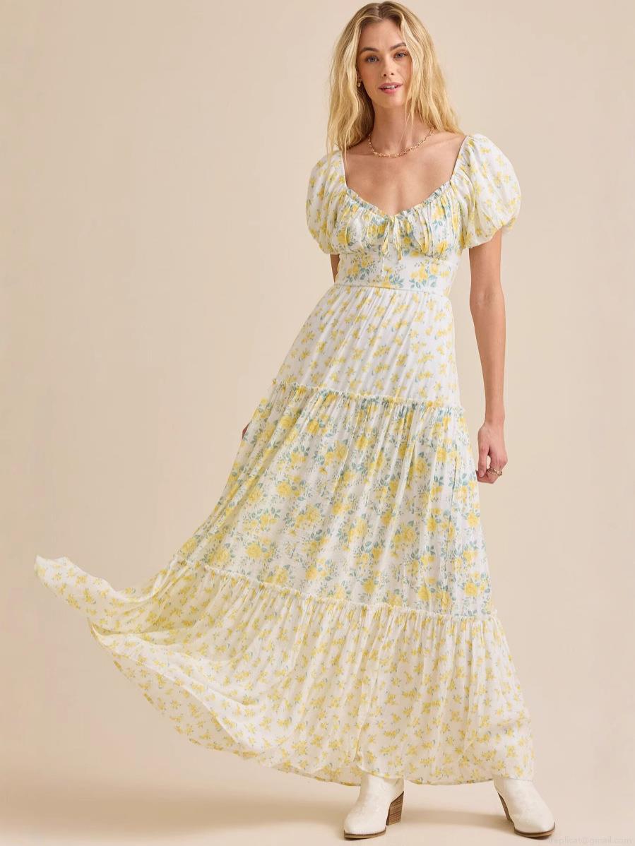 Women's Floral Print Puff Sleeve Tiered Midi Dress Elegant Summer V-Neck Boho A-Line Party Dress for Women Women's Floral Print Puff Sleeve Tiered Midi Dress Elegant Summer V-Neck Boho A-Line Party Dress for Women
