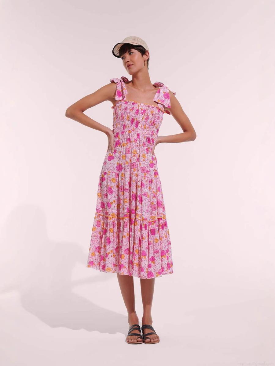 Women\'s Summer Floral Print Smocked Bodice Tiered Midi Dress Sexy Backless Bow Tie Straps Ruffle Cake Hem Beach Vacation Sundress