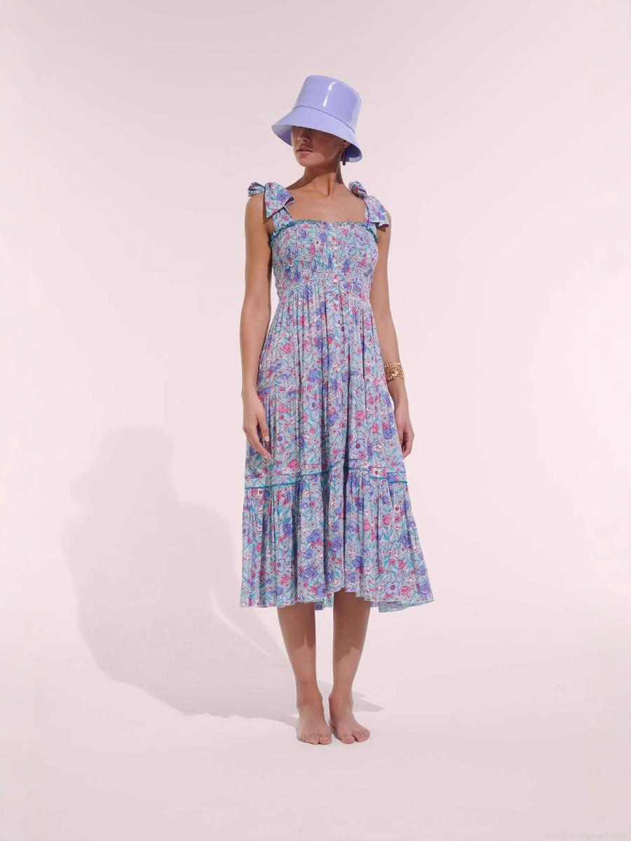 Women\'s Summer Floral Print Smocked Bodice Tiered Midi Dress Sexy Backless Bow Tie Straps Ruffle Cake Hem Beach Vacation Sundress