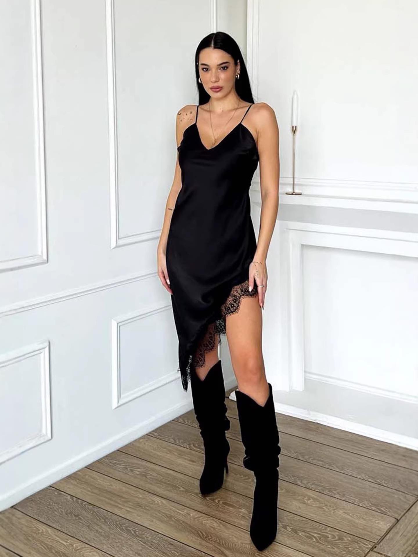 Sexy Women Satin Silk Slip Dress V Neck Backless Lace Patchwork Slit Irregular Hem Midi Cami Dresses For Evening Party Dating Club Sexy Women Satin Silk Slip Dress V Neck Backless Lace Patchwork Slit Irregular Hem Midi Cami Dresses For Evening Party Dating Club