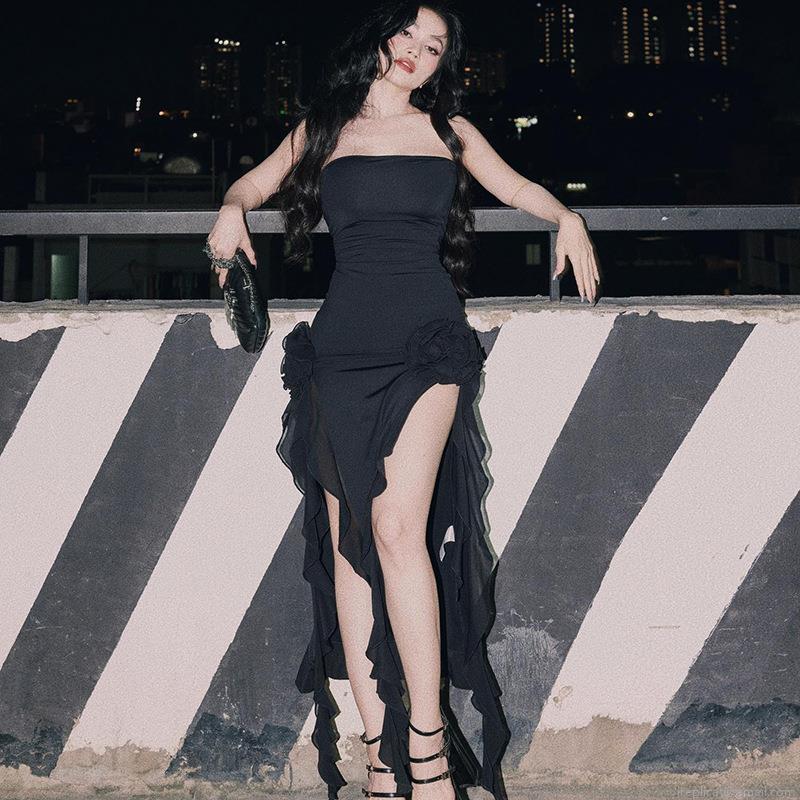 Women's Sexy Strapless Bodycon Midi Dress Elegant Polyester Spandex High Split Ruffle Trim Floral Decor Evening Party Banquet Wedding Guest Dress Women's Sexy Strapless Bodycon Midi Dress Elegant Polyester Spandex High Split Ruffle Trim Floral Decor Evening Party Banquet Wedding Guest Dress
