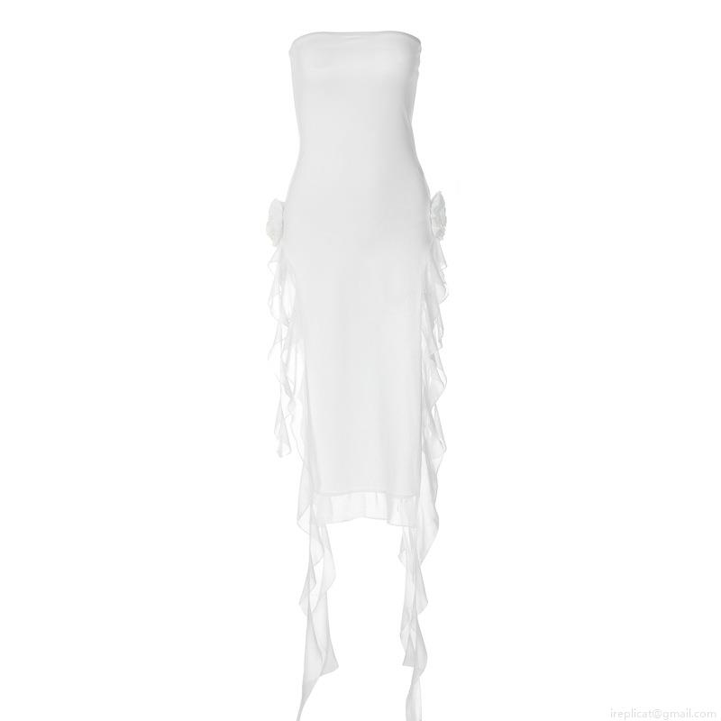 Women\'s Sexy Strapless Bodycon Midi Dress Elegant Polyester Spandex High Split Ruffle Trim Floral Decor Evening Party Banquet Wedding Guest Dress