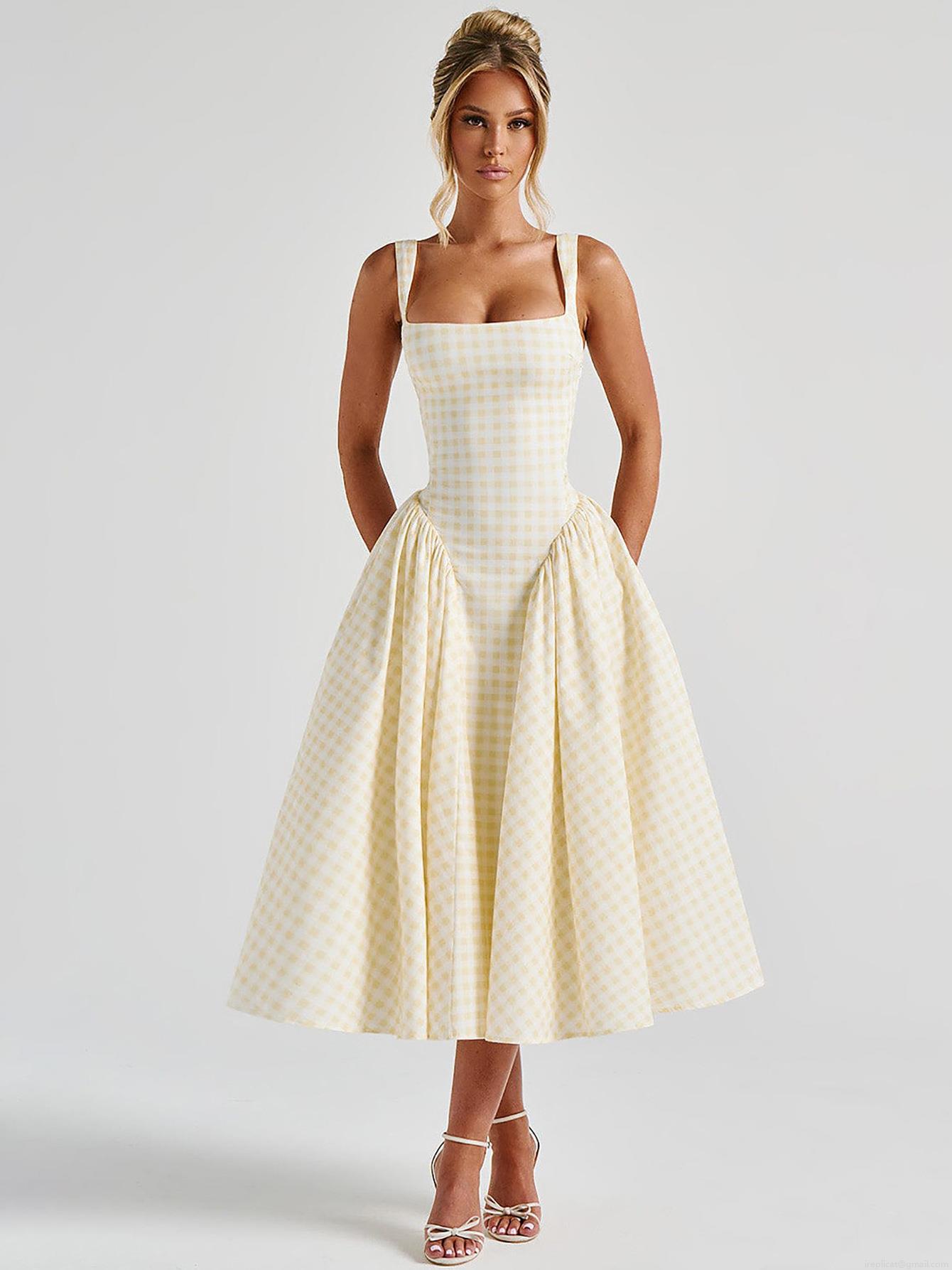 Women\'s French Fresh Plaid Midi Dress Summer Square Neck Sleeveless A-Line Backless Fashion Gingham Camisole Princess Dress For Vacation Daily Party