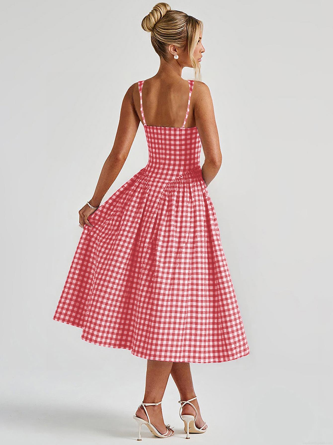 Women\'s French Fresh Plaid Midi Dress Summer Square Neck Sleeveless A-Line Backless Fashion Gingham Camisole Princess Dress For Vacation Daily Party