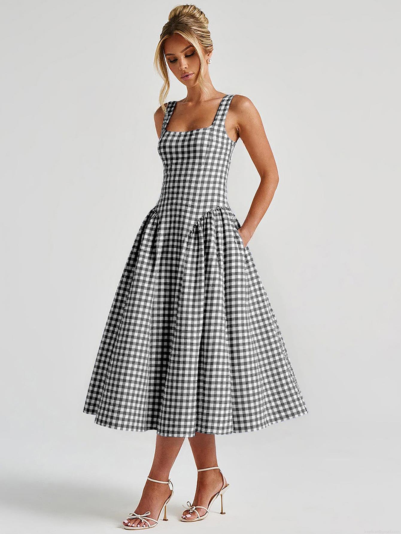 Women\'s French Fresh Plaid Midi Dress Summer Square Neck Sleeveless A-Line Backless Fashion Gingham Camisole Princess Dress For Vacation Daily Party