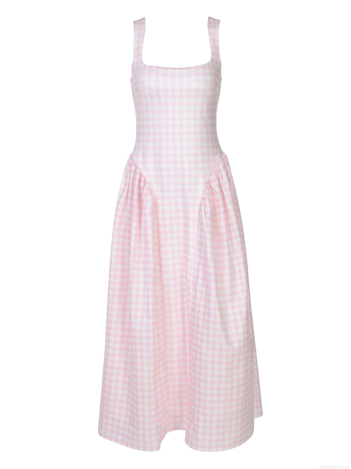 Women\'s French Fresh Plaid Midi Dress Summer Square Neck Sleeveless A-Line Backless Fashion Gingham Camisole Princess Dress For Vacation Daily Party