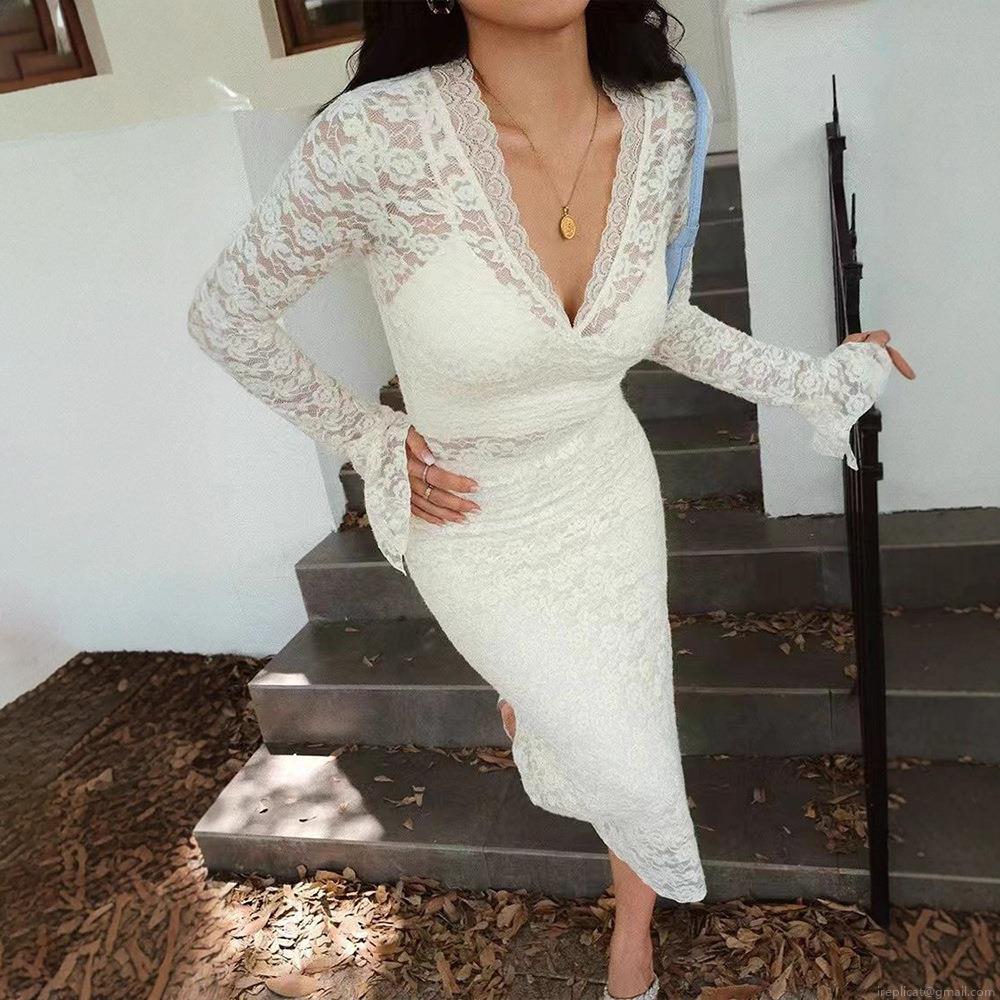 Women Sexy White Lace Patchwork Midi Dress Long Sleeve Deep V Neck See Through Hollow Out Slim Fit Bodycon Club Party Evening Dress Women Sexy White Lace Patchwork Midi Dress Long Sleeve Deep V Neck See Through Hollow Out Slim Fit Bodycon Club Party Evening Dress