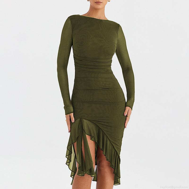 Women's Sexy Ruched Bodycon Midi Dress Long Sleeve Round Neck Backless Mesh Splicing Ruffle Hem Split Party Streetwear Dress Women's Sexy Ruched Bodycon Midi Dress Long Sleeve Round Neck Backless Mesh Splicing Ruffle Hem Split Party Streetwear Dress