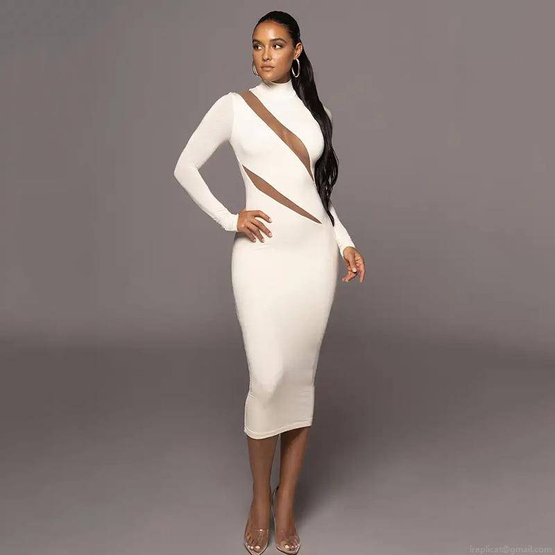 Women's Sexy Long Sleeve Mesh Patchwork Hollow Out Bodycon Midi Dress Elegant High Neck Slim Fit Polyester Evening Party Clubwear Streetwear Dresses Women's Sexy Long Sleeve Mesh Patchwork Hollow Out Bodycon Midi Dress Elegant High Neck Slim Fit Polyester Evening Party Clubwear Streetwear Dresses