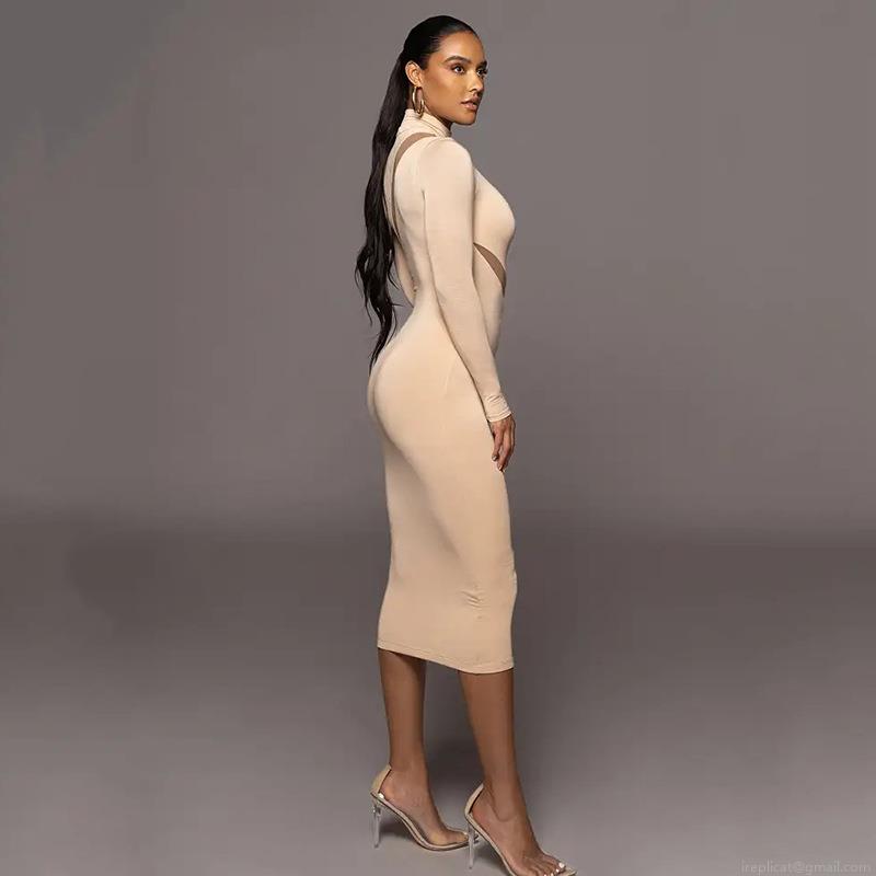 Women\'s Sexy Long Sleeve Mesh Patchwork Hollow Out Bodycon Midi Dress Elegant High Neck Slim Fit Polyester Evening Party Clubwear Streetwear Dresses