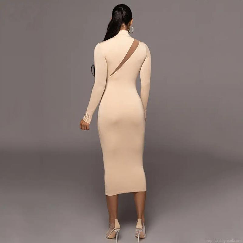 Women\'s Sexy Long Sleeve Mesh Patchwork Hollow Out Bodycon Midi Dress Elegant High Neck Slim Fit Polyester Evening Party Clubwear Streetwear Dresses