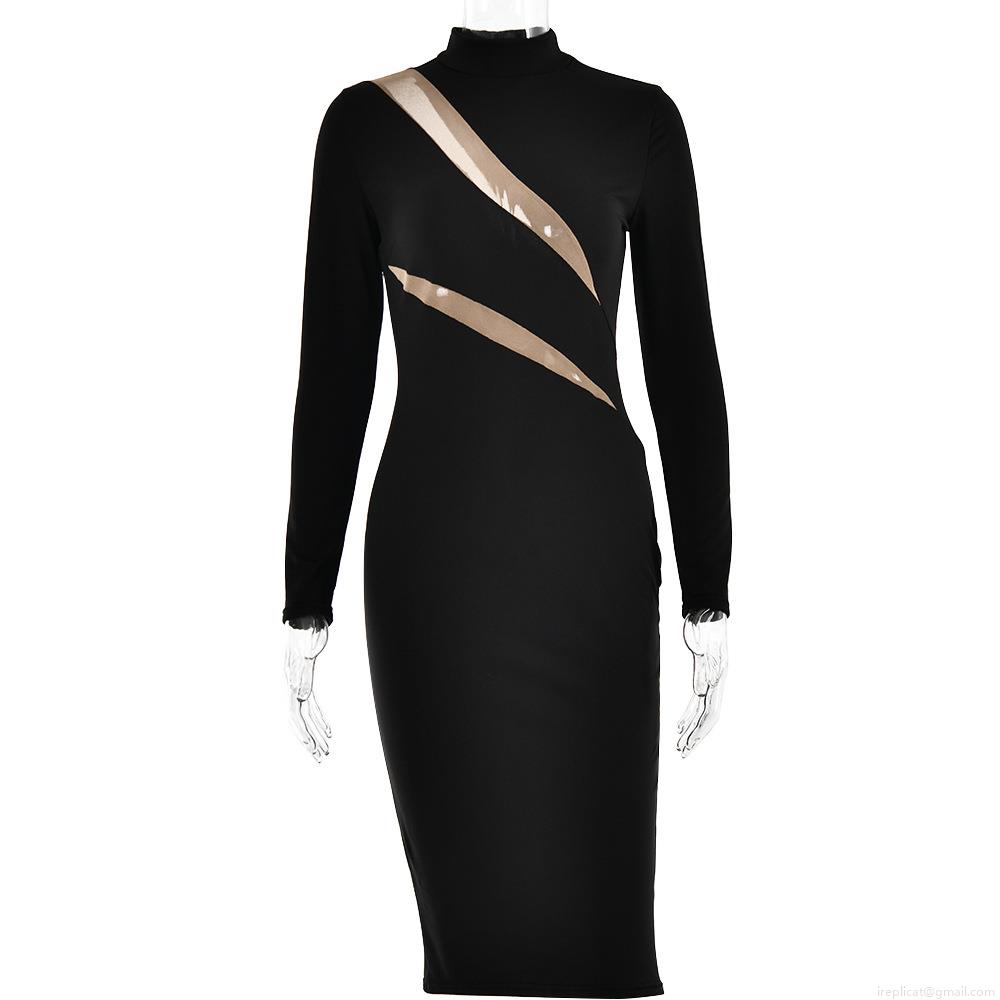 Women\'s Sexy Long Sleeve Mesh Patchwork Hollow Out Bodycon Midi Dress Elegant High Neck Slim Fit Polyester Evening Party Clubwear Streetwear Dresses