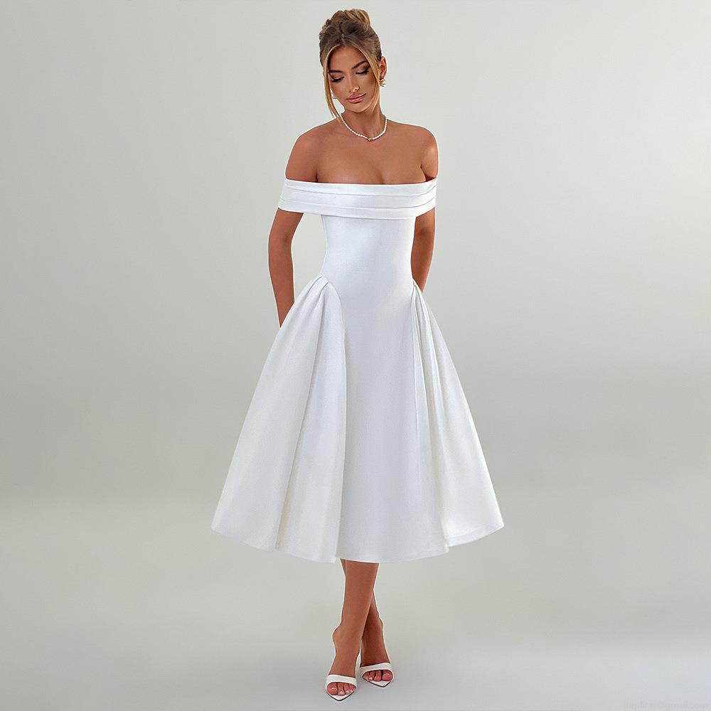 Elegant Off-Shoulder Midi Dress Polyester Satin Backless Pleated A-Line Evening Gown For Women Party Wedding Cocktail Dress Elegant Off-Shoulder Midi Dress Polyester Satin Backless Pleated A-Line Evening Gown For Women Party Wedding Cocktail Dress