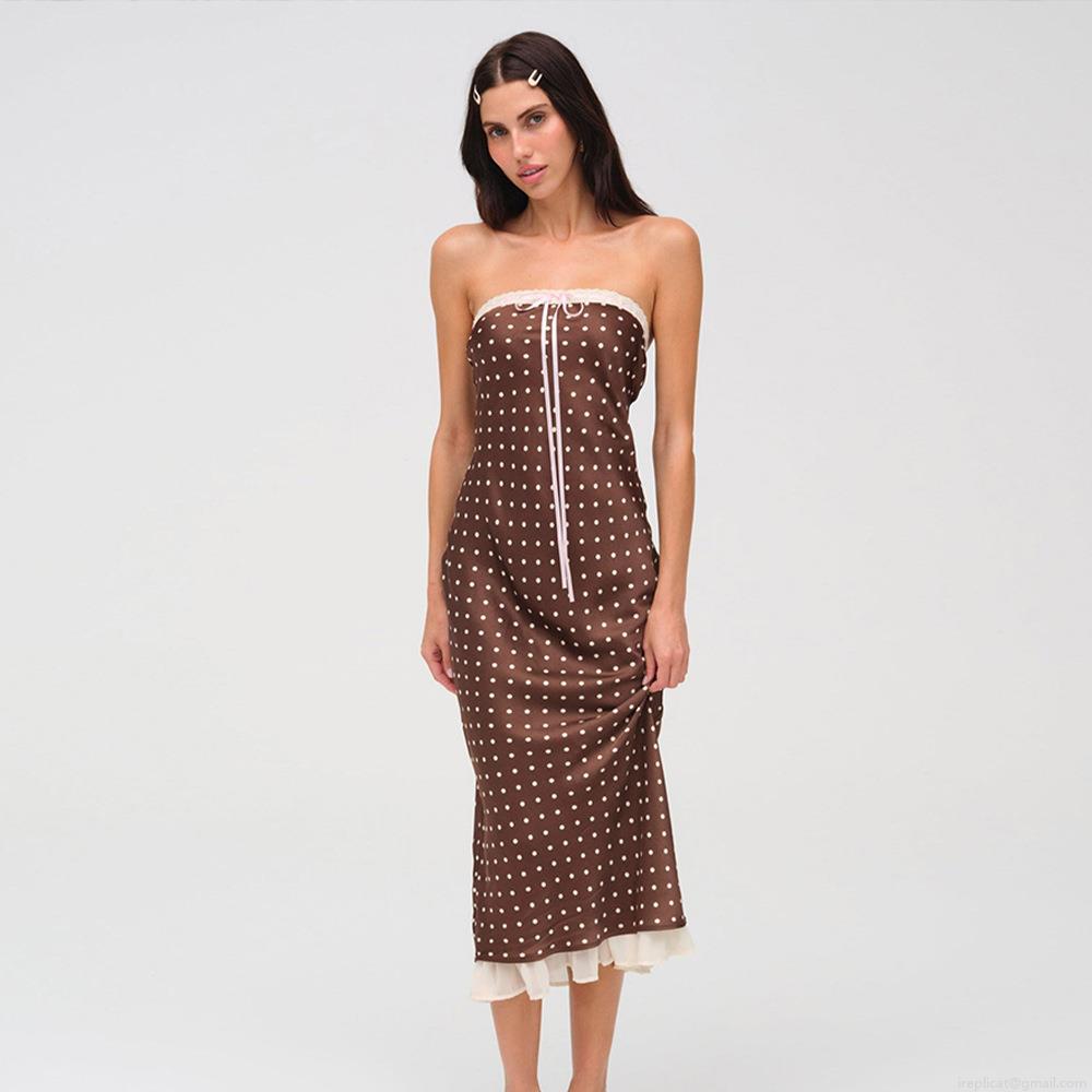 French Elegant Polka Dot Satin Tube Top Midi Dress Sexy Backless Lace Trim Pink Ribbon Bow Ruffle Hem Bodycon Dress For Women Party Vacation Brown French Elegant Polka Dot Satin Tube Top Midi Dress Sexy Backless Lace Trim Pink Ribbon Bow Ruffle Hem Bodycon Dress For Women Party Vacation Brown