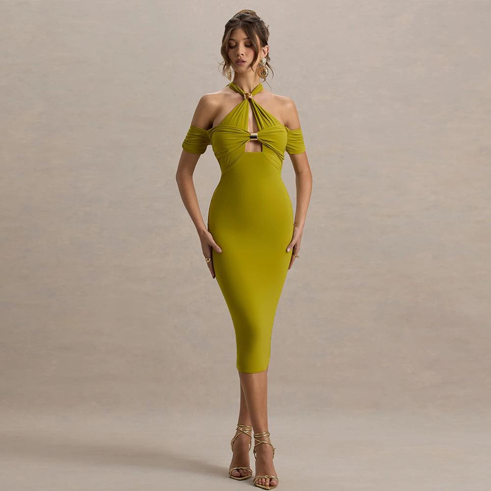 Women Sexy Halter Neck Cutout Backless Bodycon Midi Dress With Metal Ring Decoration Summer Sleeveless Slim Fit Party Evening Dress Women Sexy Halter Neck Cutout Backless Bodycon Midi Dress With Metal Ring Decoration Summer Sleeveless Slim Fit Party Evening Dress