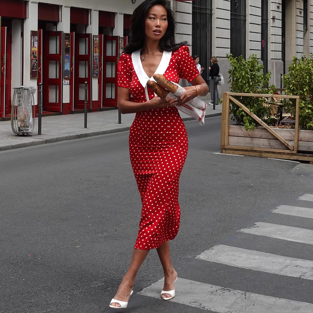 Women French Vintage Polka Dot Midi Dress With White Peter Pan Collar And Bow Slim Fit Short Sleeve Bodycon Pencil Dress For Summer Party Red Women French Vintage Polka Dot Midi Dress With White Peter Pan Collar And Bow Slim Fit Short Sleeve Bodycon Pencil Dress For Summer Party Red