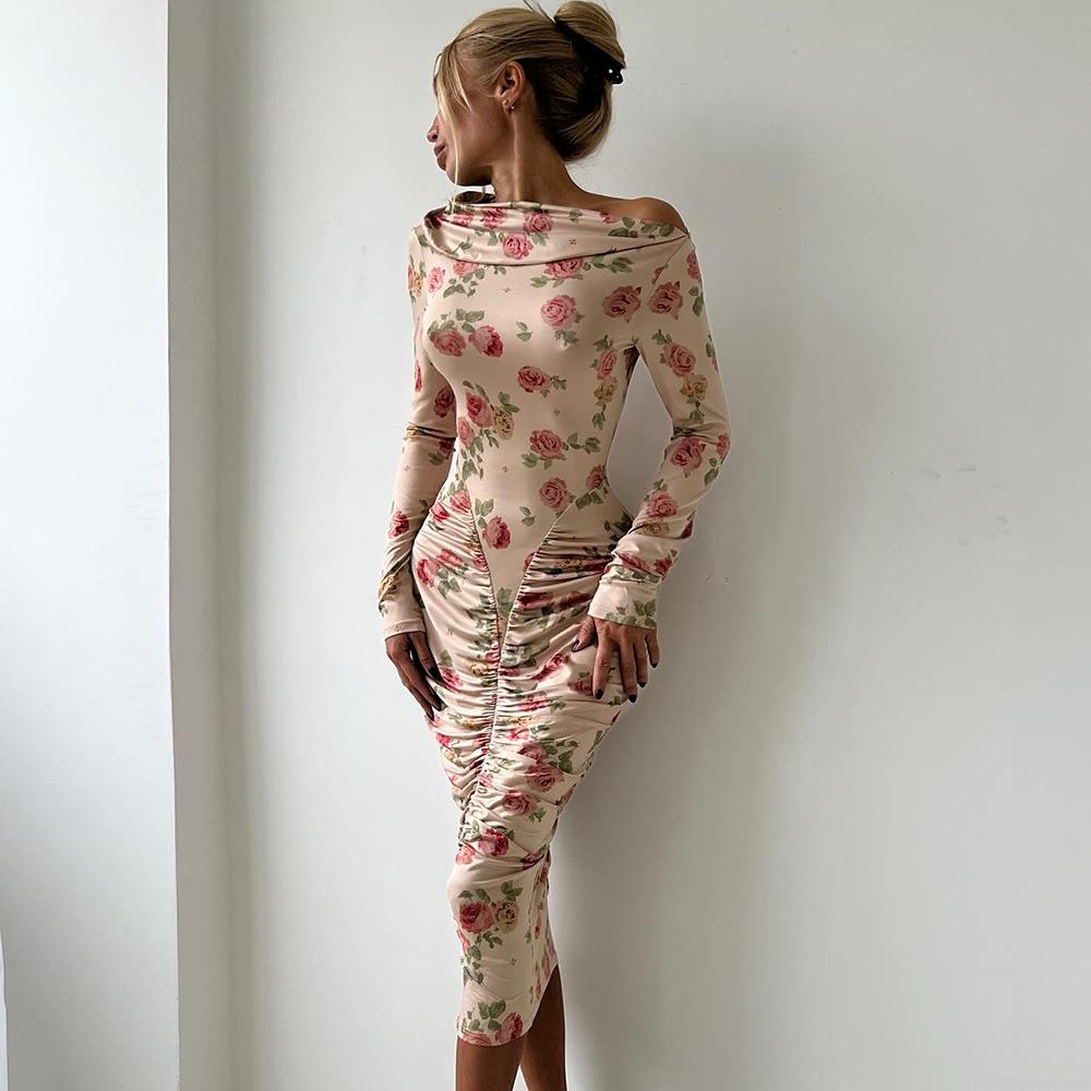 Women's Sexy Rose Floral Print Long Sleeve Bodycon Midi Dress With Ruching Off Shoulder Drape Neck Polyester Streetwear Party Clubwear Outfit Women's Sexy Rose Floral Print Long Sleeve Bodycon Midi Dress With Ruching Off Shoulder Drape Neck Polyester Streetwear Party Clubwear Outfit