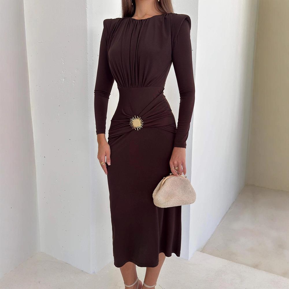 Women's Elegant Midi Dress Long Sleeve Milk Silk Bodycon Slim Fit Ruched Dress With Metal Sun Buckle Autumn Winter Party Streetwear Women's Elegant Midi Dress Long Sleeve Milk Silk Bodycon Slim Fit Ruched Dress With Metal Sun Buckle Autumn Winter Party Streetwear