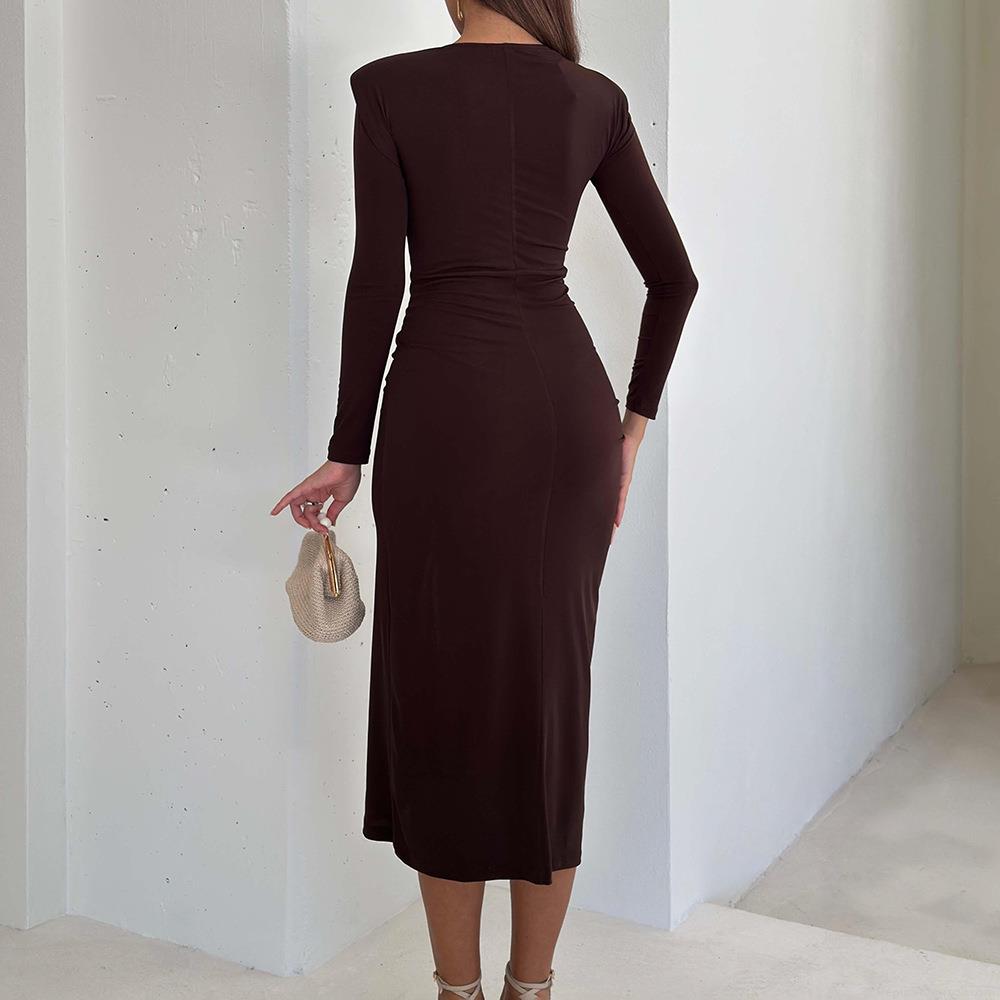 Women\'s Elegant Midi Dress Long Sleeve Milk Silk Bodycon Slim Fit Ruched Dress With Metal Sun Buckle Autumn Winter Party Streetwear