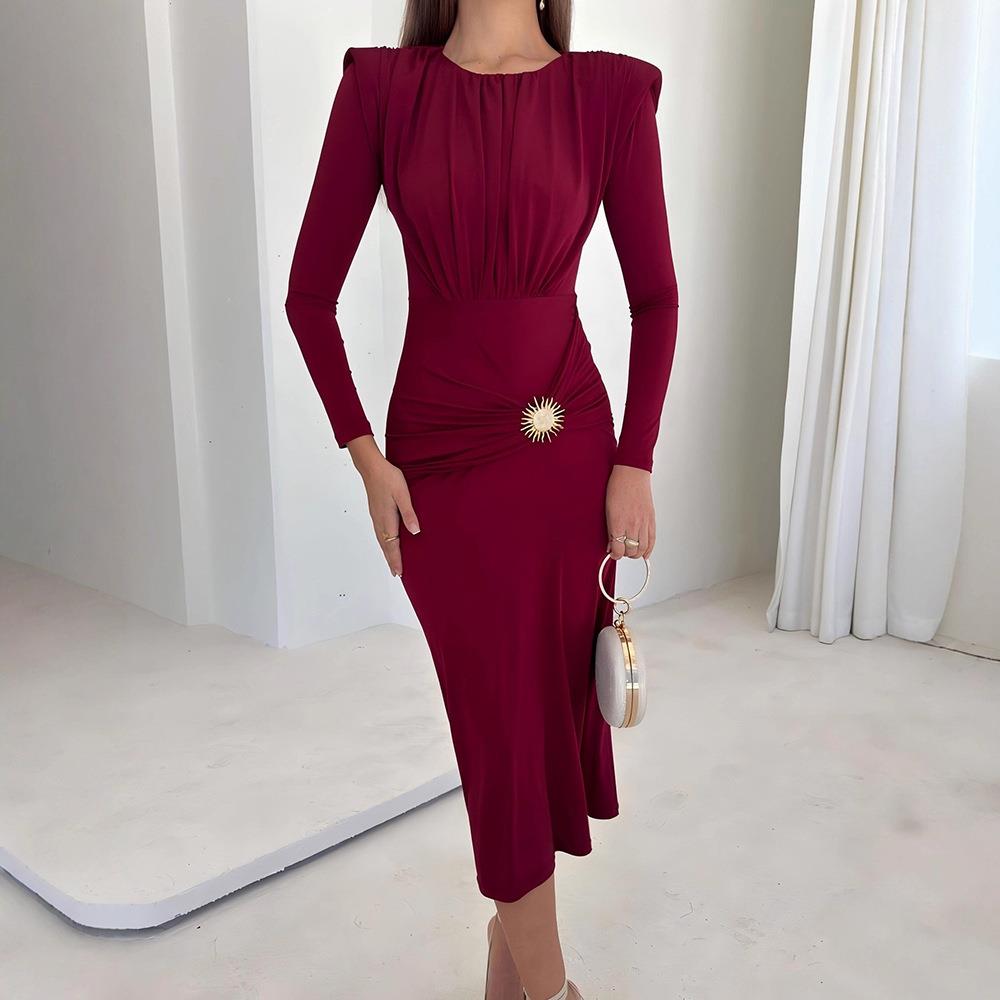 Women\'s Elegant Midi Dress Long Sleeve Milk Silk Bodycon Slim Fit Ruched Dress With Metal Sun Buckle Autumn Winter Party Streetwear