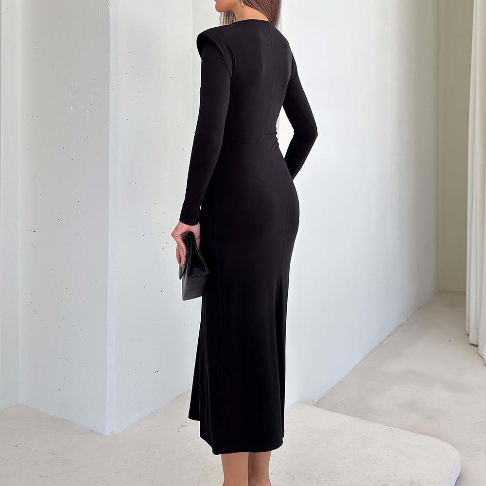 Women\'s Elegant Midi Dress Long Sleeve Milk Silk Bodycon Slim Fit Ruched Dress With Metal Sun Buckle Autumn Winter Party Streetwear