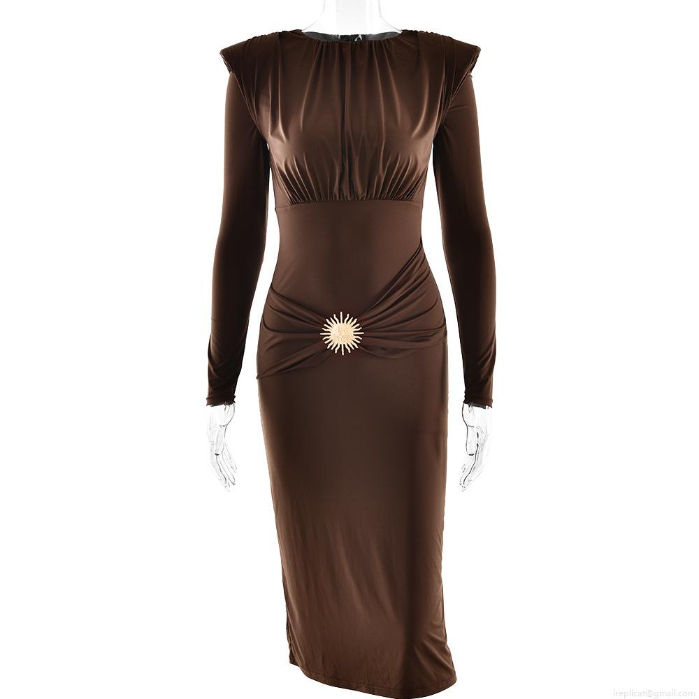 Women\'s Elegant Midi Dress Long Sleeve Milk Silk Bodycon Slim Fit Ruched Dress With Metal Sun Buckle Autumn Winter Party Streetwear